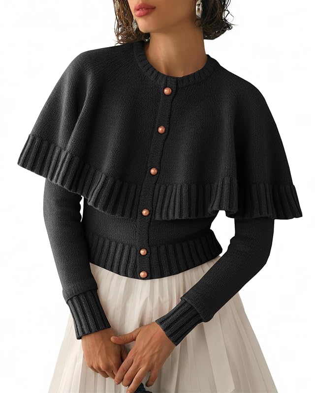 Saodimallsu Womens Cropped Cardigan Sweater Long Sleeve Fall Knit Cape Sweaters Button Up Trendy Outfits 2025 Black