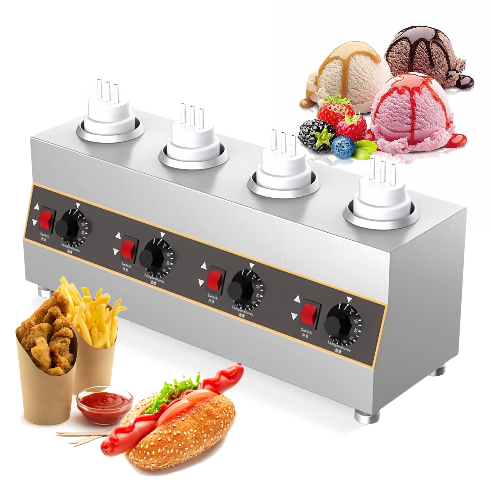 Komercyjny Podgrzewacz do Sosów,Elektryczny Podgrzewacz do Sosów z Butelkami na Sos,Stal Nierdzewna,Konserwacja Dżemu,Temperatura 30-85°C,Regulowana do Karmelu, Chili, Curry, Masła, Sosów,4 Grids