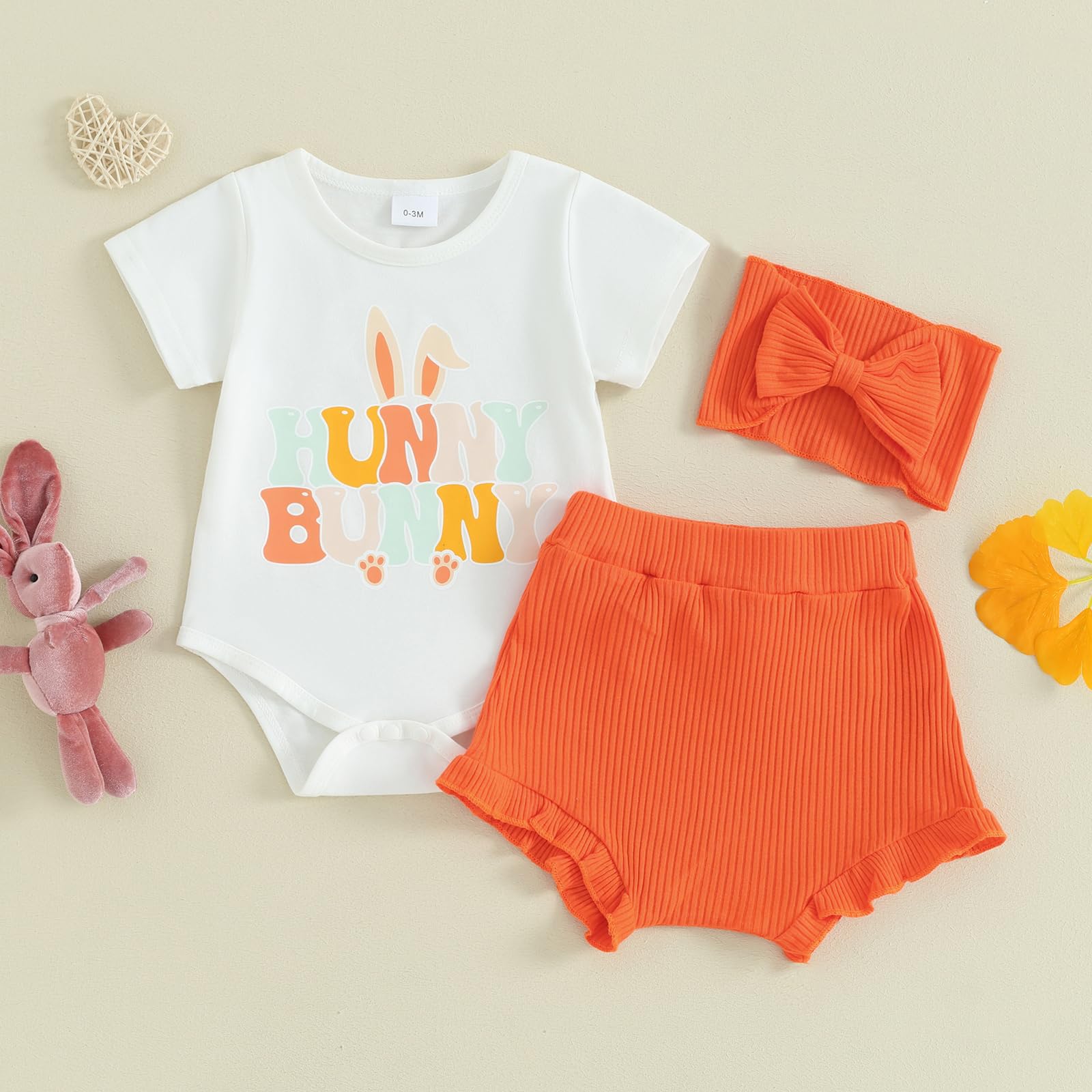 Fernvia Infant Baby Girls Easter Outfits Short Sleeve Rabbit Print Romper Elastic Waist Shorts with Hairband 3Pcs Clothes Set (P Orange, 0-3 Months)