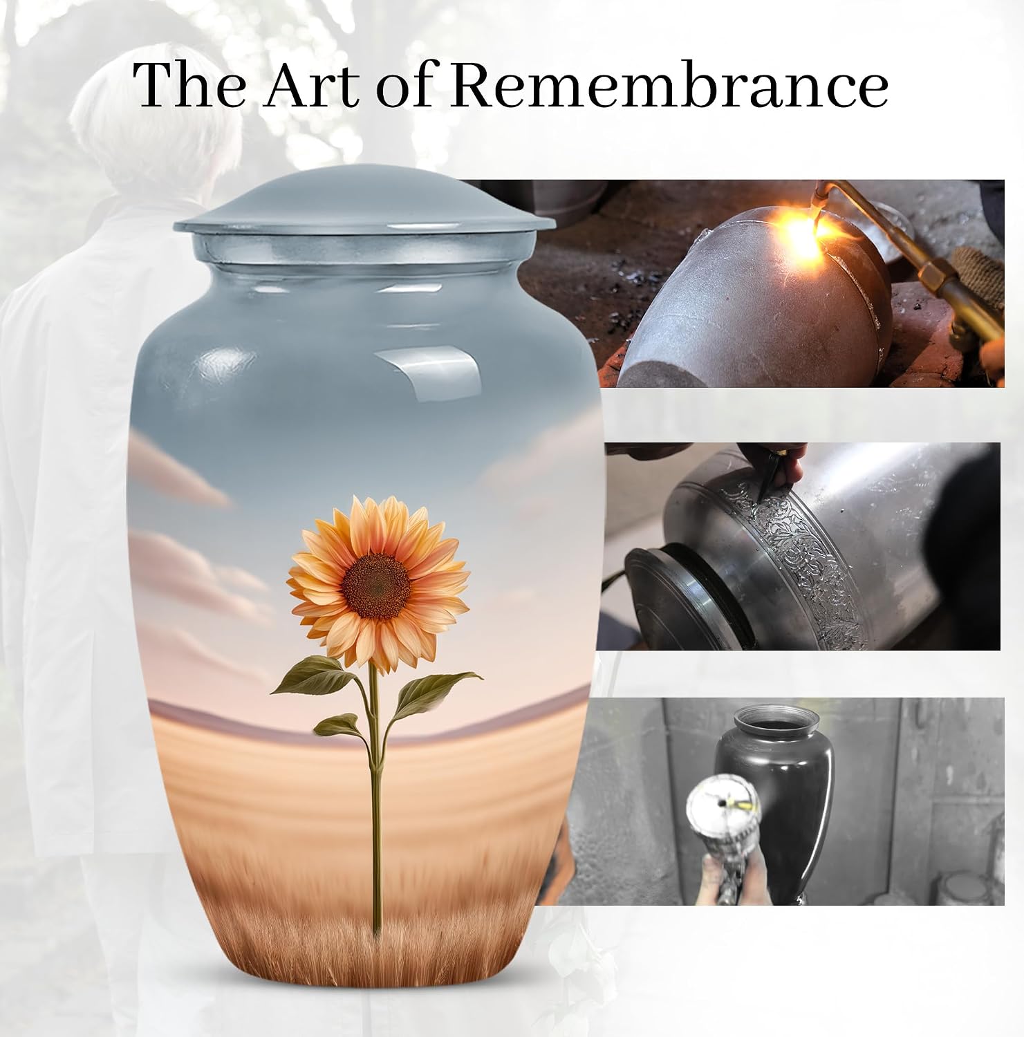 Sunflower Urn for Ashes for Women - Blue, Sunset Mini Urns for Human Ashes – Combo of 5 with 1 Large 10 Inch Urn for Mom & Man and 4 Mini Keepsake Urns for Dad & Women – Memorial Funeral Set