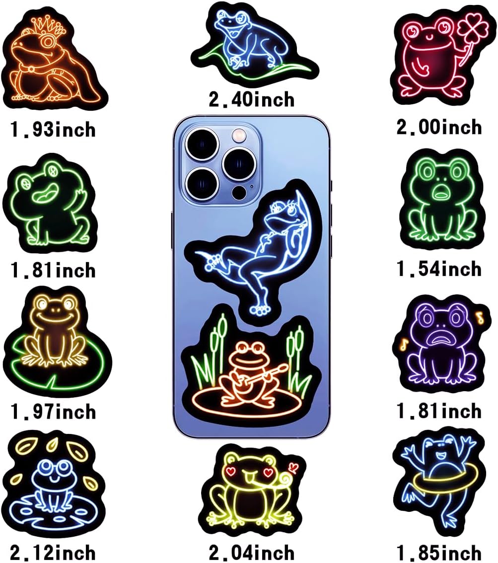 50pcs Neon Frog Waterproof Vinyl Stickers - Frog Decor & Party Favors for Laptop, Water Bottle, Skateboard