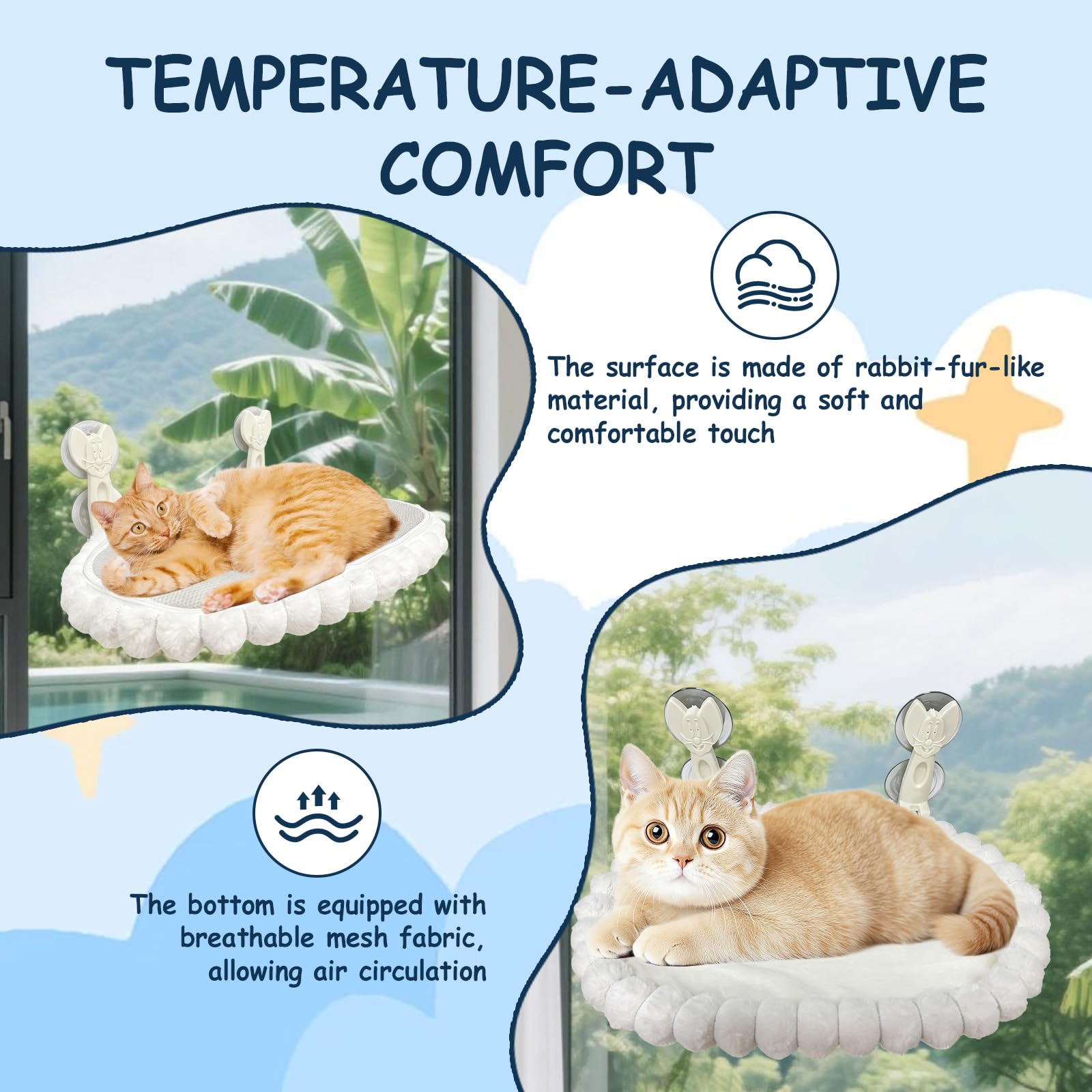 Hamac Chat Fenetre Pliable et Démontable, Luxe Lapin Doudou, Supporte jusqu'à 20kg, 53x37cm, Coussins Réversible pour Bain de Soleil et Repos, Cadre Métallique, Blanc