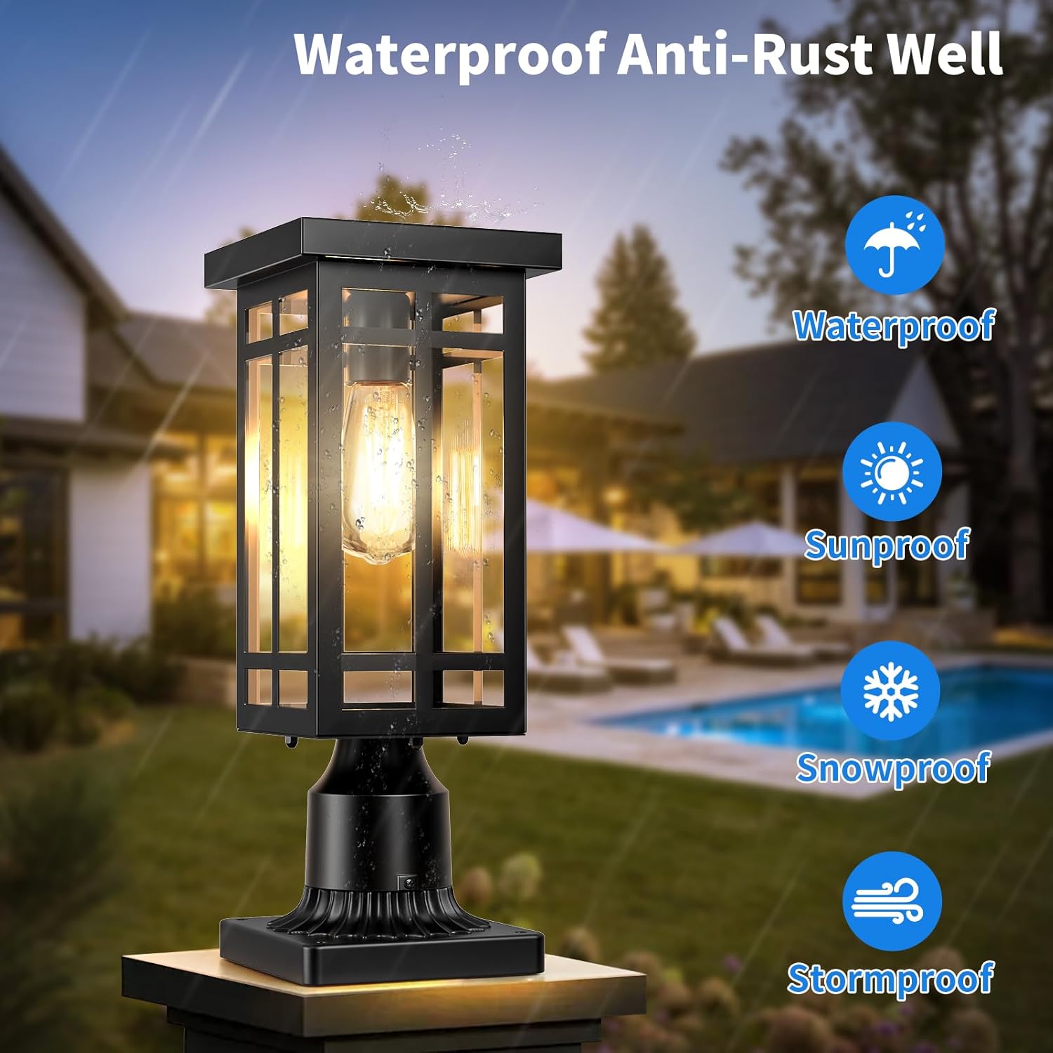 14'' Outdoor Solar Post Light, Dusk to Dawn Solar Lamp Post Light, Black Lamp Posts Light Fixture, Waterproof Outdoor Pole Lights for Yard Garage Porch Patio, 1Pack (Included Mounting Base)