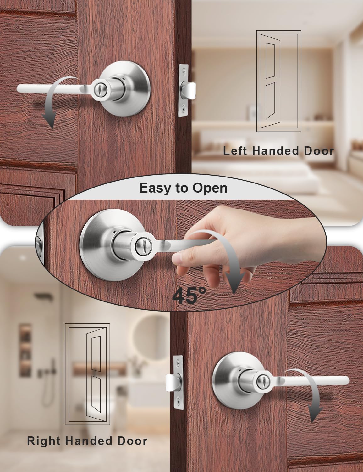 Mengico 10 Pack Privacy Door Handle, Satin Nickel Interior Door Knobs for Bed & Bath, Modern Keyless Door Lever Lock Reversible for Right & Left Sided