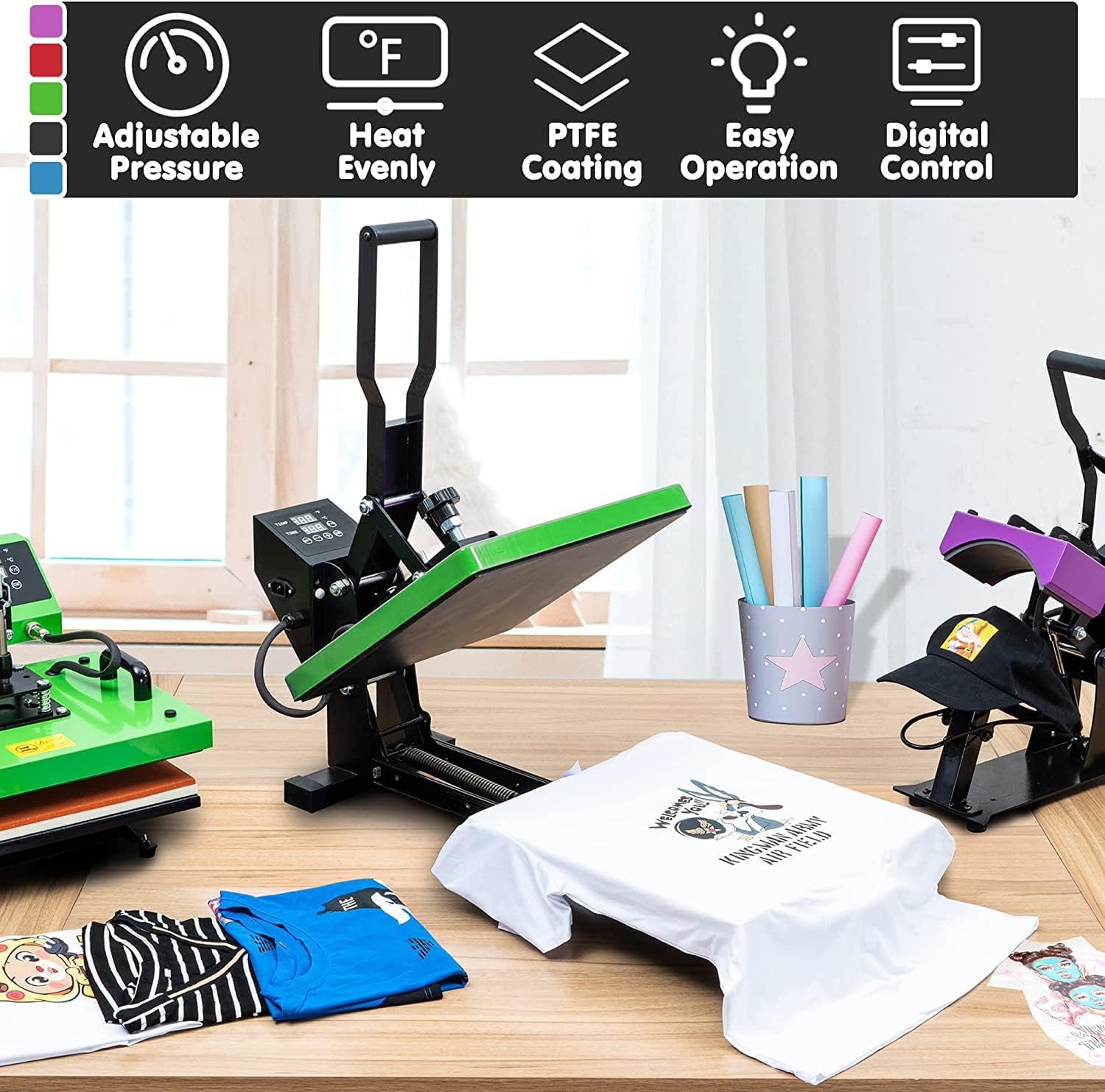 Slide Out 15x15 Inch Heat Press Machine with LED Digital Controller Sublimation Transfer Machine Industrial Home DIY Heat Press, Heat Press Machine for T-Shirt, Mouse Pad, Canvas Bags (Green)