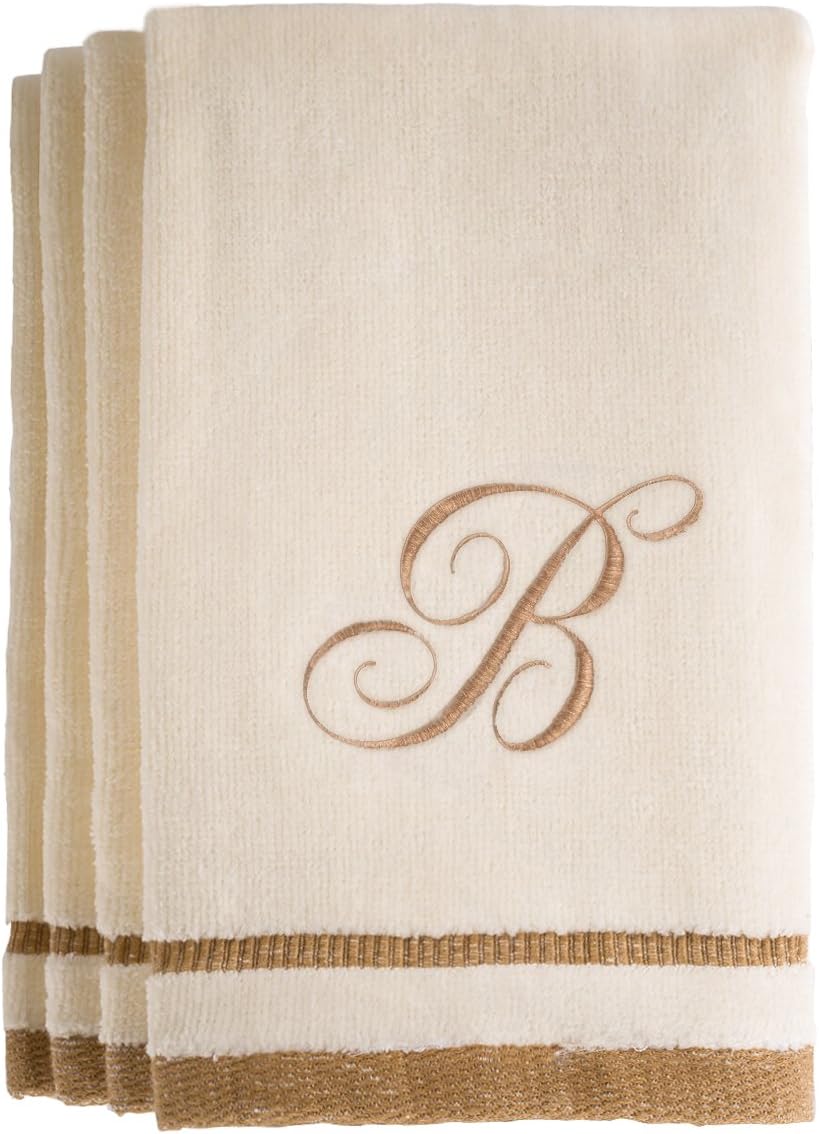 Monogrammed Gifts, Fingertip Towels, 11 x 18 Inches - Set of 4- Decorative Golden Brown Embroidered Towel - Extra Absorbent 100% Cotton- Personalized Gift- for Bathroom/Kitchen- Initial B (Ivory)
