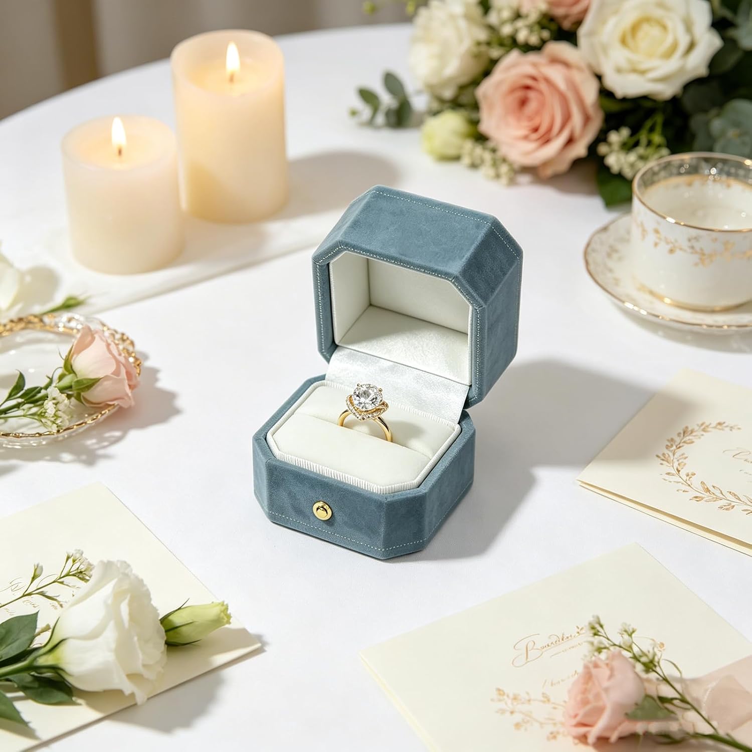 Velvet Jewelry Ring Box, Octagon Engagement Ring Box Ring Display Holder Case with Hinged Lid for Proposal Engagement Wedding, 2.44x2.44x2.17 IN-U2-PRB001