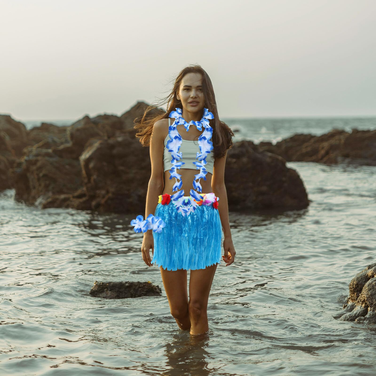Cabilock 6 Juegos Conjunto de Lei Falda de Hierba Hawaiana Decoraciones para Fiesta Luau Falda Hula para Piscina Playa Suministros para Fiesta de Verano