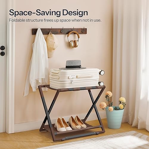 Miniatura 4 de HOOBRO Portaequipajes para habitación de invitados, juego de 2, soporte plegable para maleta con estante de almacenamiento y marco de metal, soporte