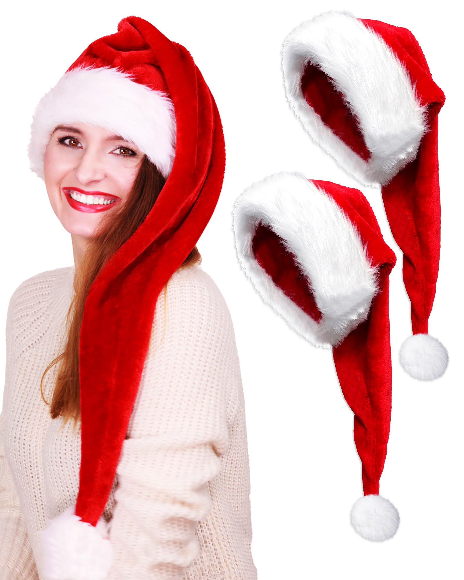 Dolkoic Lange Plüsch-Weihnachtsmannmütze, Weihnachtsmütze für Erwachsene, Unisex, Weihnachten, Halloween, Kostümpartys