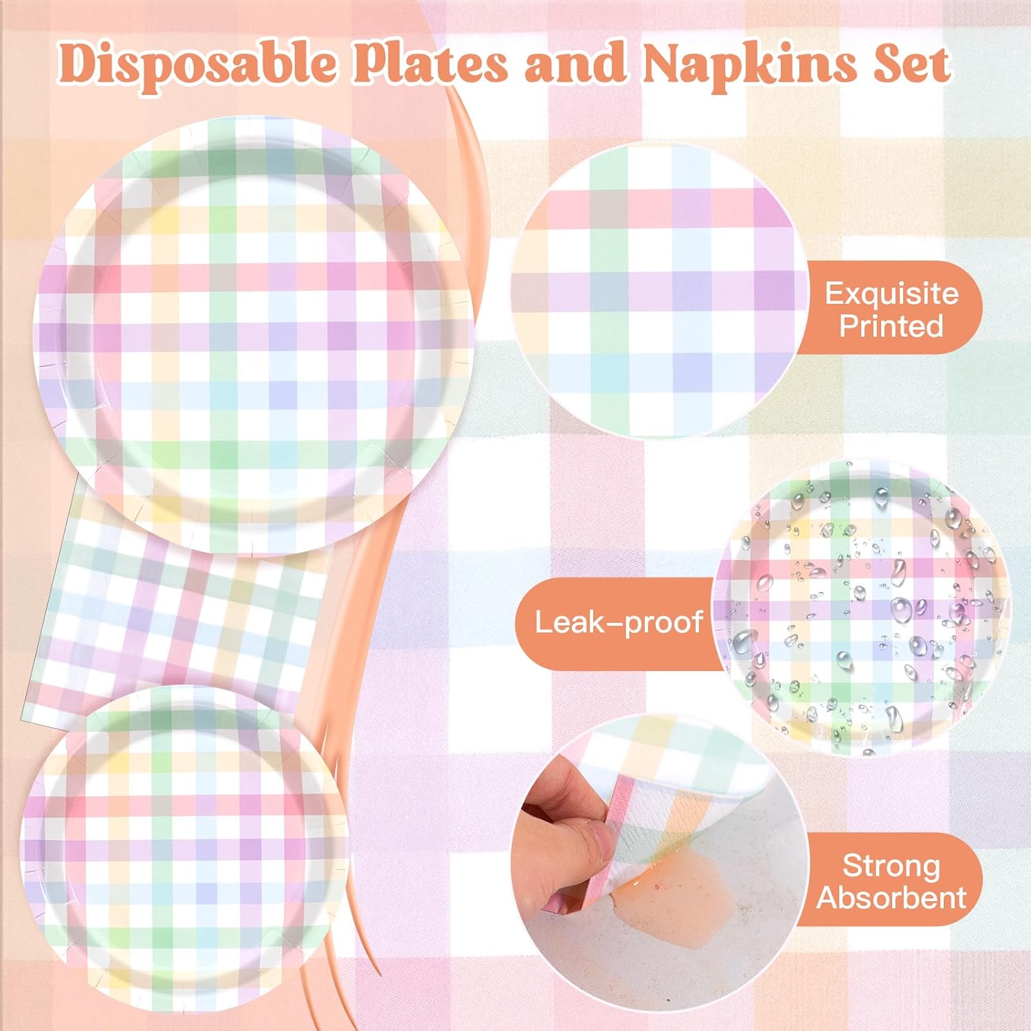 180PCS Easter Buffalo Plaid Party Supplies – Colorful Buffalo Plaid Paper Plates and Napkins Set, Pastel Gingham Disposable Tableware for Spring Easter Birthday Party Supplies Decorations