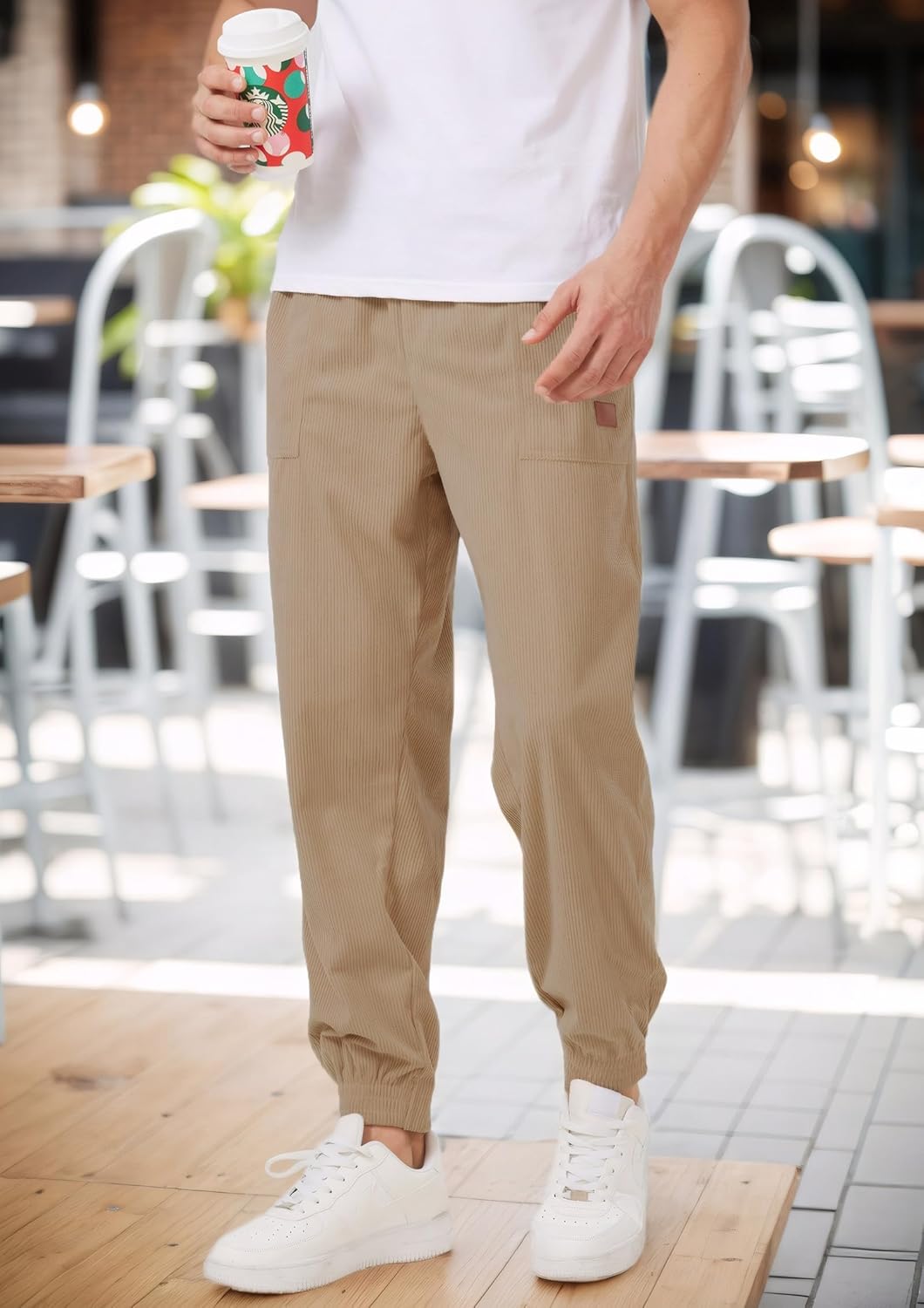 Men's Corduroy Casual Pants Lightweight Drawstring Elastic Waist Baggy Tapered Joggers Pants with Pockets Dark Khaki - Image 7