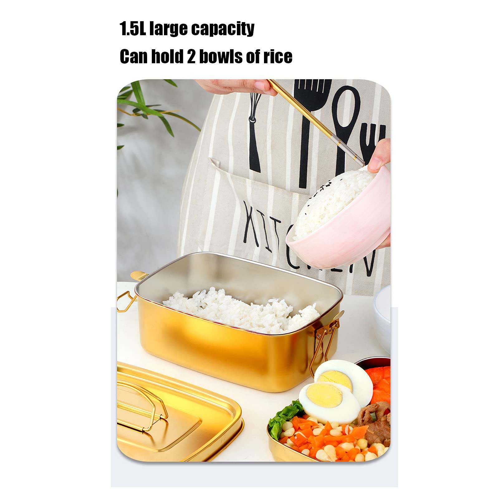 Pojemnik na lunch, 1.5L 2-warstwowy pojemnik na lunch przenośny pojemnik na żywność szczelny pojemnik na żywność Bento ze stali nierdzewnej 304 zastawa stołowa do domowego biura(Gold)