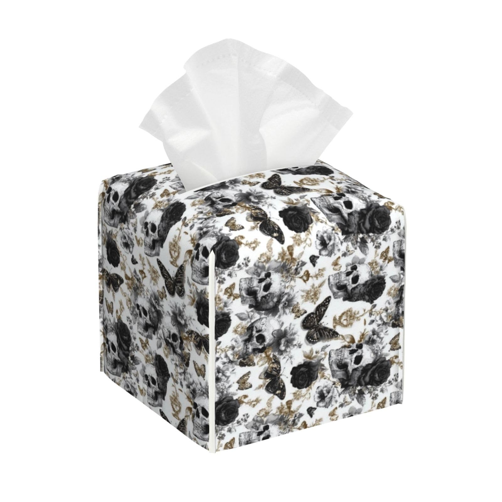 Retro Skull Butterfly Rose Print Tissue Box Cover Holder Square, Foldable Modern Cube Tissue Box Cover, Leather Decorative Organizer for Tabletop Bathroom Car Office Desk Decor