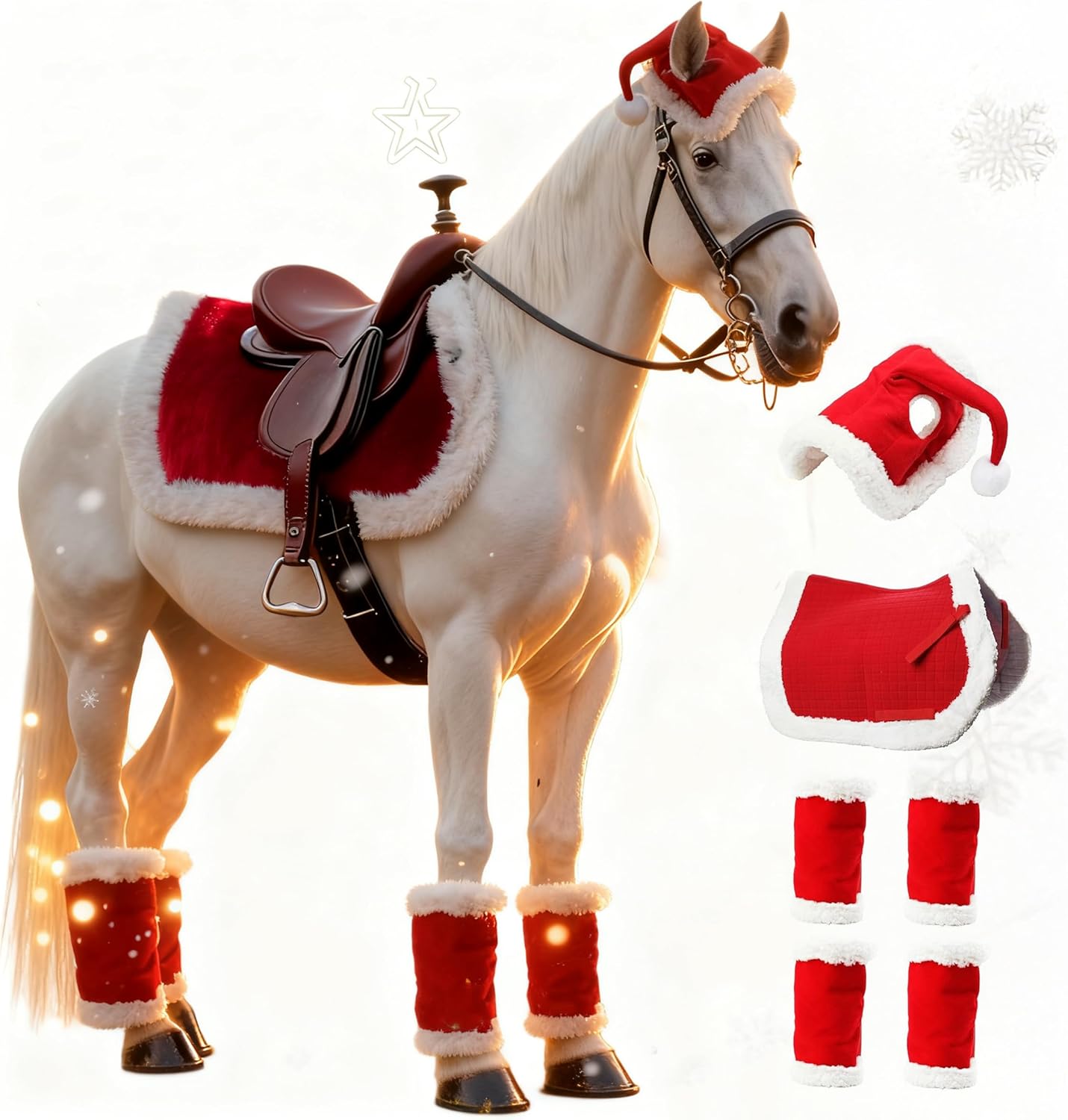 Christmas Horse Costume – Complete Red & White Set for Cards Parades and Barn Parties– Parade Holiday Outfit for Horses (6-Piece Christmas Set,1pc Hat + 1pc Saddle Pad + 4pcs Legging)
