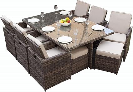 Amazon Com Direct Wicker 11 Pcs Patio Furniture Dining Set Garden Outdoor Patio Furniture Sets Wicker Outdoor Patio Cube Sets Mixed Brown Rattan Cushions 11pc Sets Garden Outdoor