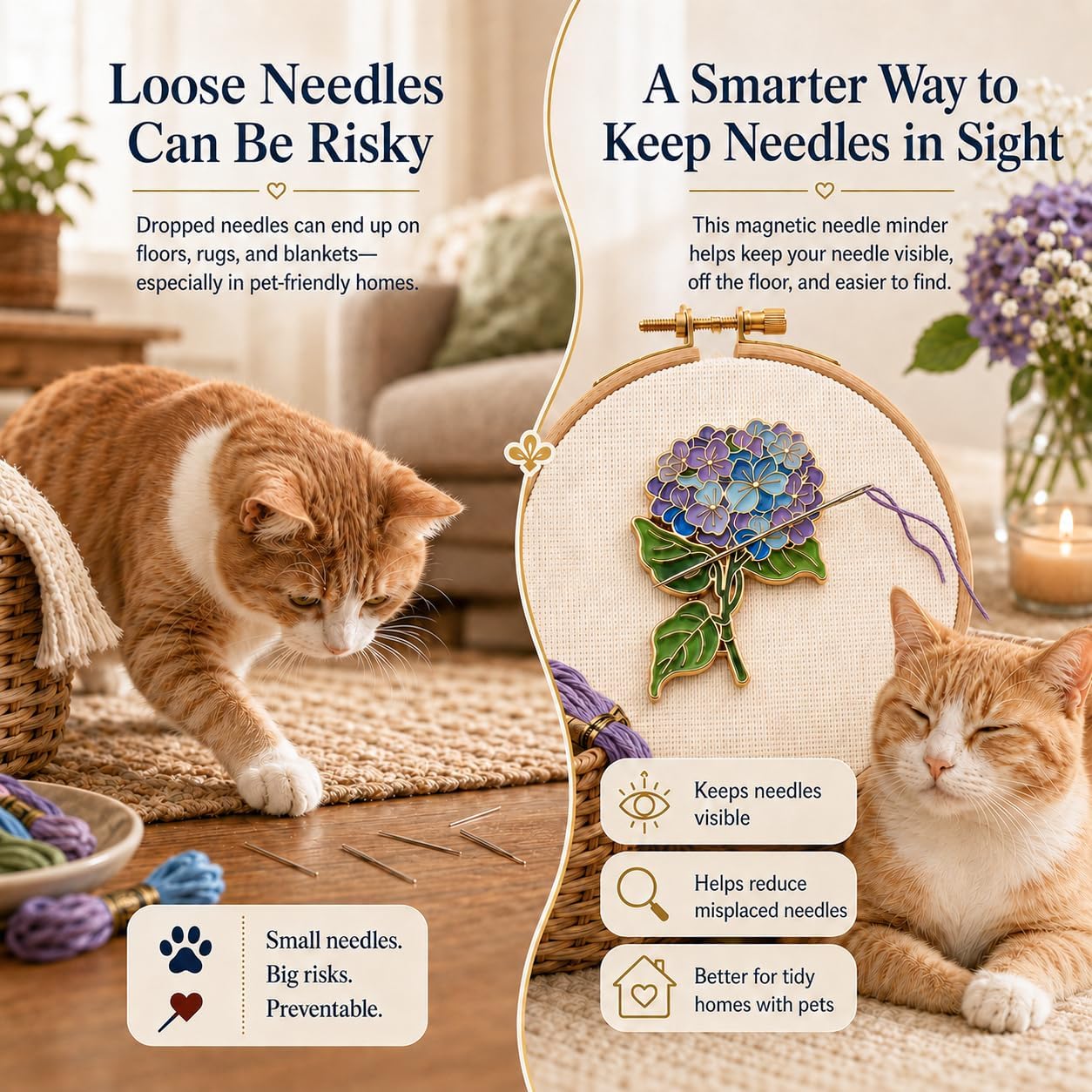Magnetic Needle Minder for Cross Stitch, Enamel Floral Needle Holder Magnet for Embroidery, Sewing & Quilting, Blue Purple Stitching Accessory Gift for Stitchers and Crafters