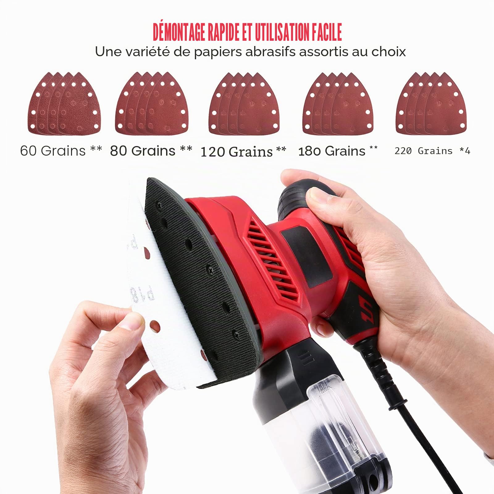 Ponceuse 130W 14000RPM Ponceuse Delta Avec 20 Papiers Abrasifs, 1 Boîte à Poussière, 1 Raccord Sous Vide, Pour Polir les Murs, le Bois, la Peinture, les Meubles, le Métal, le Ciment