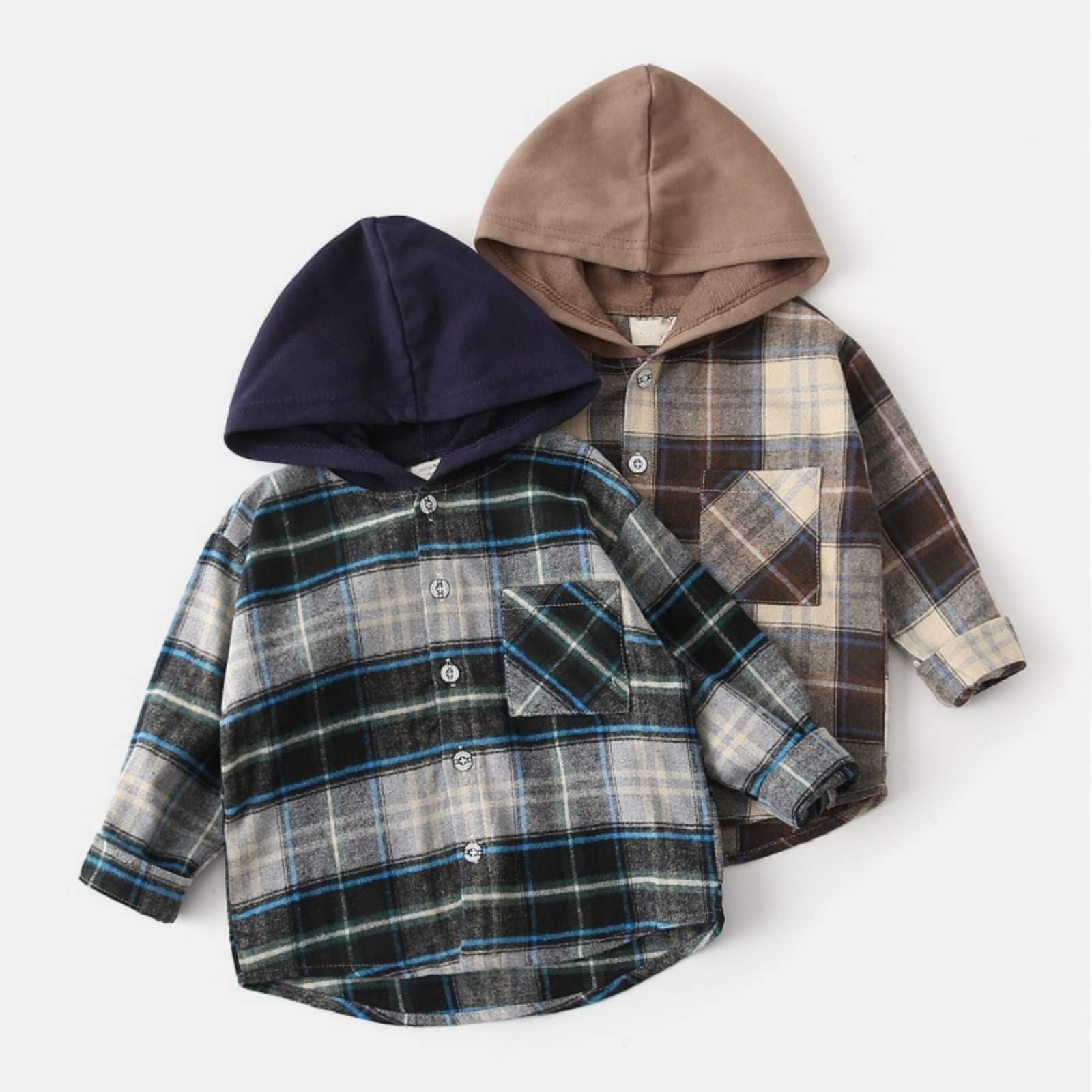 RNTOP Kids Toddler Boys Girls Hooded Plaid Shirt Long Sleeve Button Down Flannel Shirt Baby Jackets (Coffee, 3-4 Years)