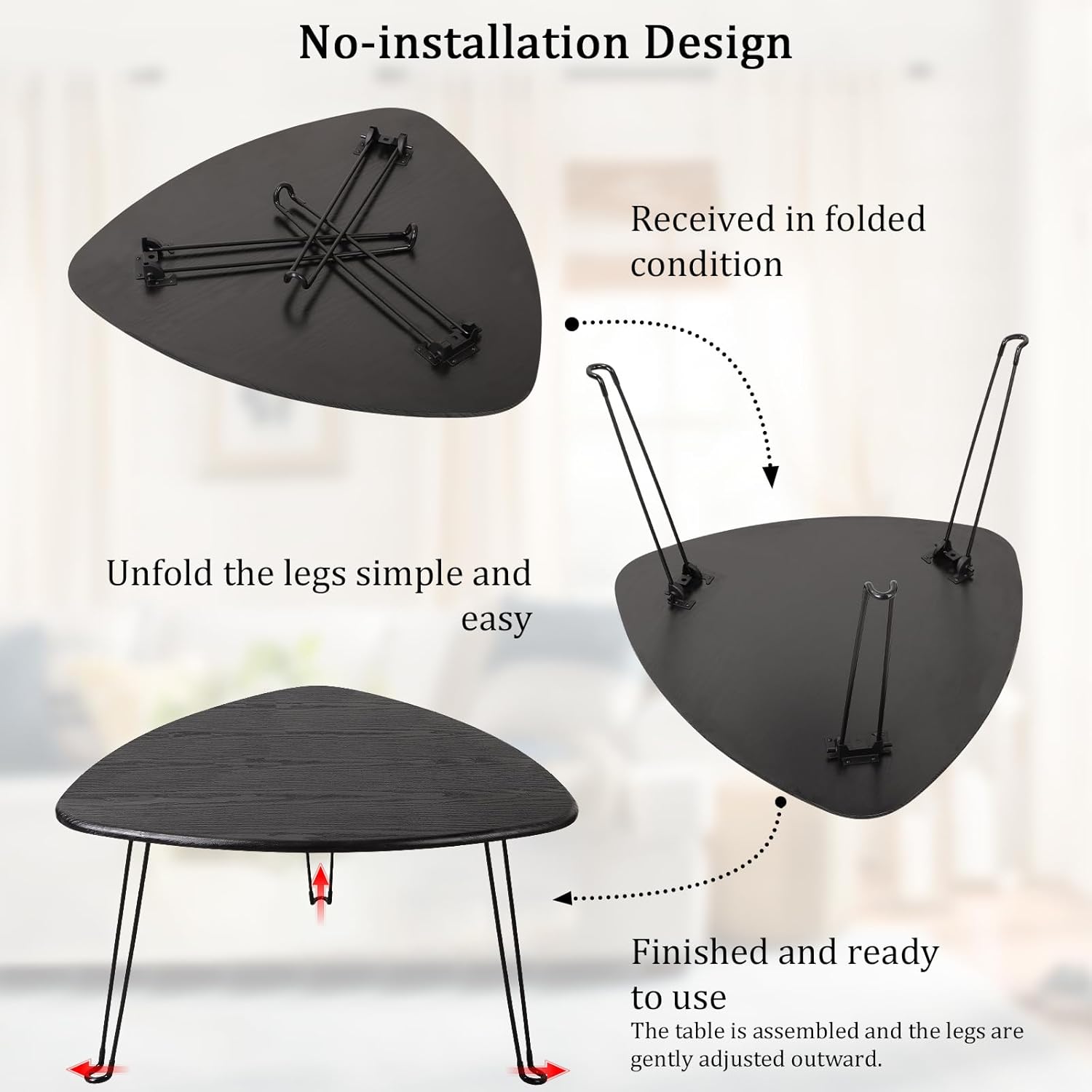 Black Folding Coffee Table Wooden Triangle Floor Table Desk for Sitting on The Floor Coffee Tables Small Oval Coffee Table Mid Century Modern Center Sofa Table for Living Room Home Office