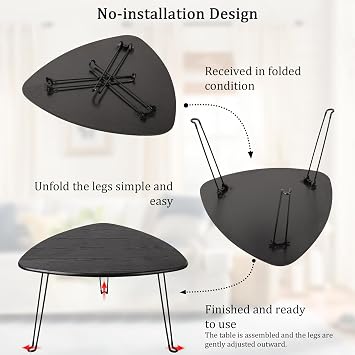 Black Folding Coffee Table Small Oval Coffee Tables Wooden Triangle Floor Desk for Sitting on the Floor Mid Century Modern Center Sofa Table for Living Room Home Office Outdoor Use