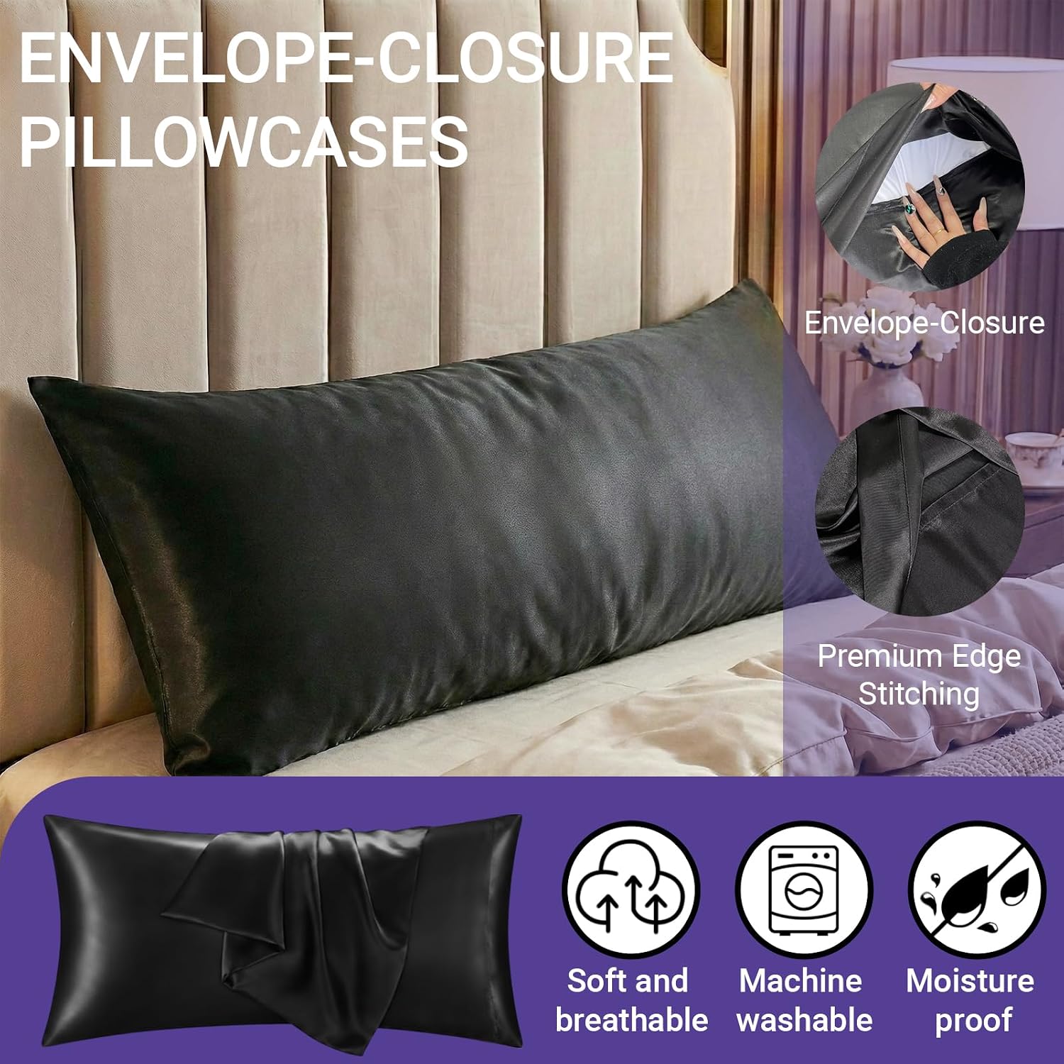 Q&J Fabric Co. 1 Pack Body Pillow Pillowcase, Black Satin Pillowcase for Hair and Skin Similar to Silk Pillow Cases with Envelope Closure Gifts for Women Men, 20X54 Inch