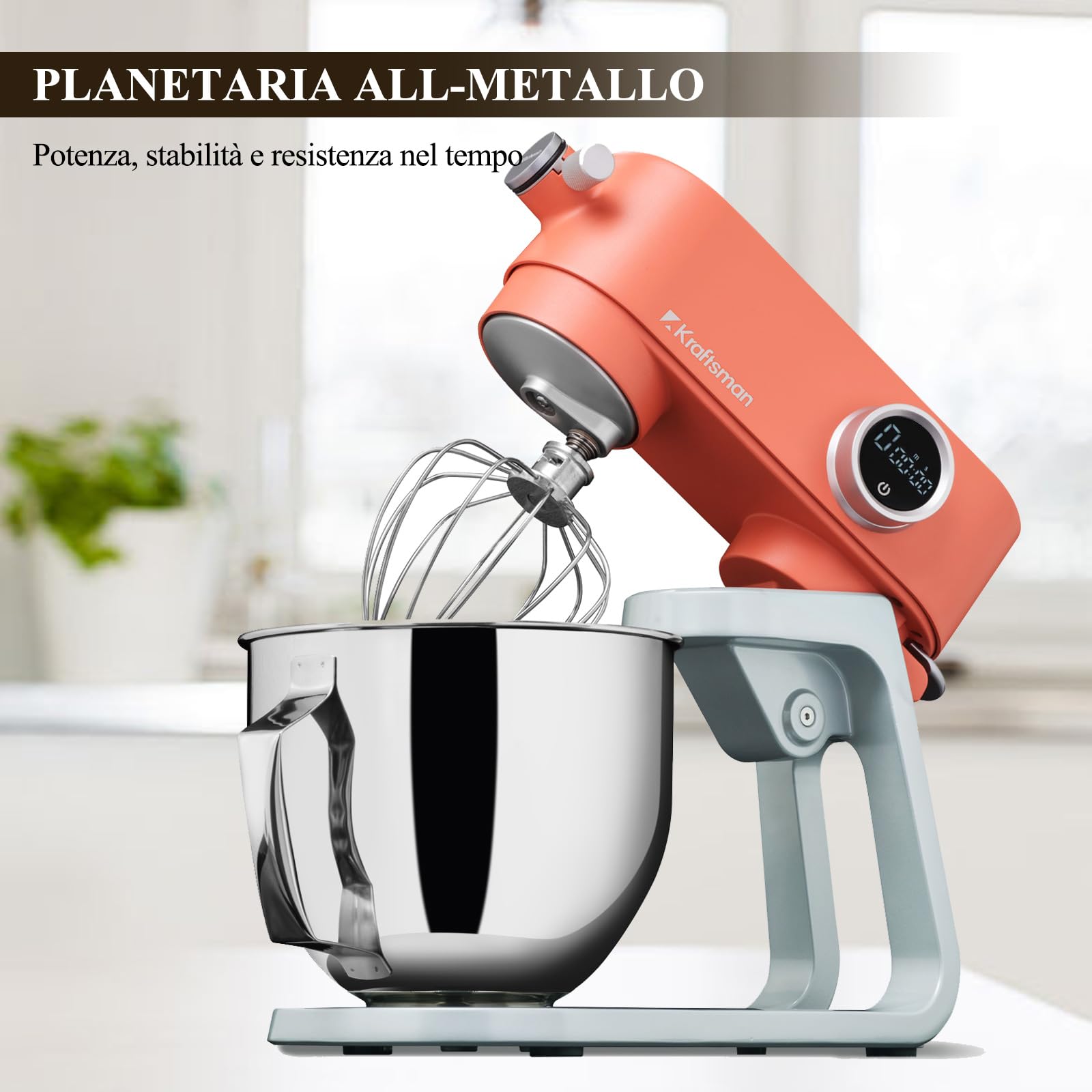 Impastatrice Planetaria Kraftsman in Metallo, 5L Robot da Cucina Multifunzione, 800W, 8 Velocità con Timer, Impastatrice Professionale con 4 Fruste in Acciaio Inox, Ideale per Impasti Duri (Arancione)
