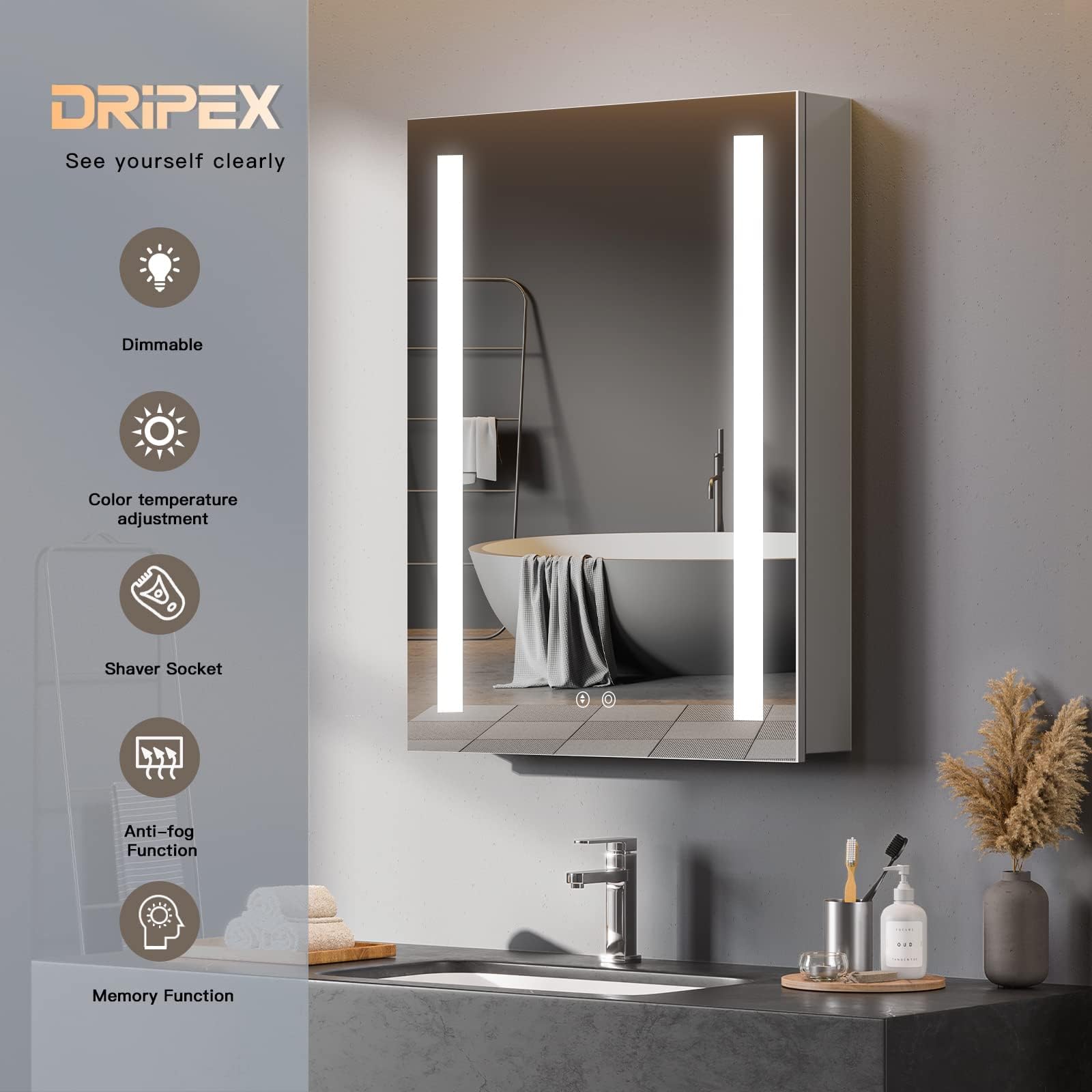 Dripex Spiegelschrank Bad 45x60 Cm – Mit Beleuchtung, Steckdose & Anti-Beschlag