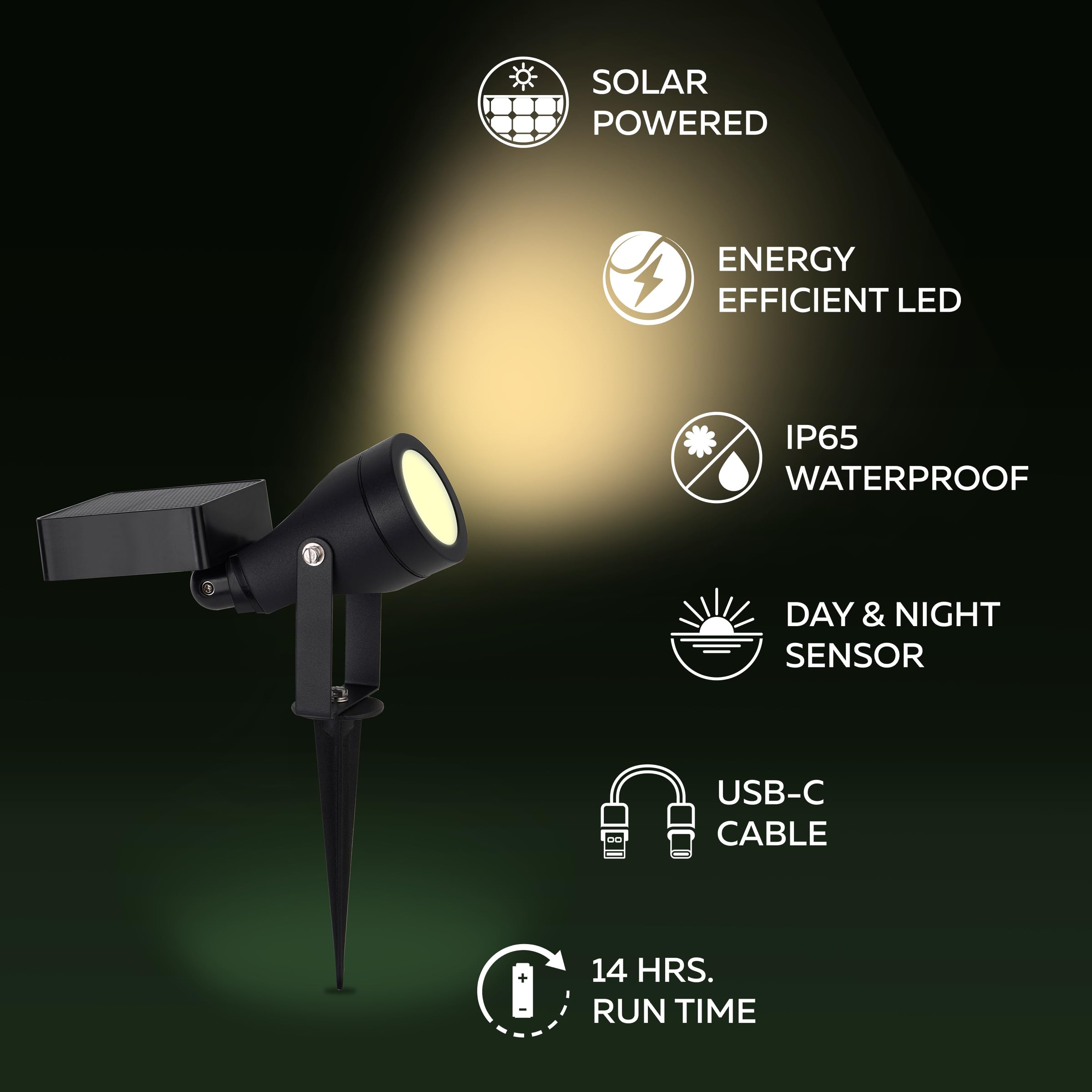 CALEX LED Foco Solar para Jardín Cesena, con Estaca, Luz Blanco Cálido, Impermeable, Recargable con Energía Solar y USB‑C, Negro