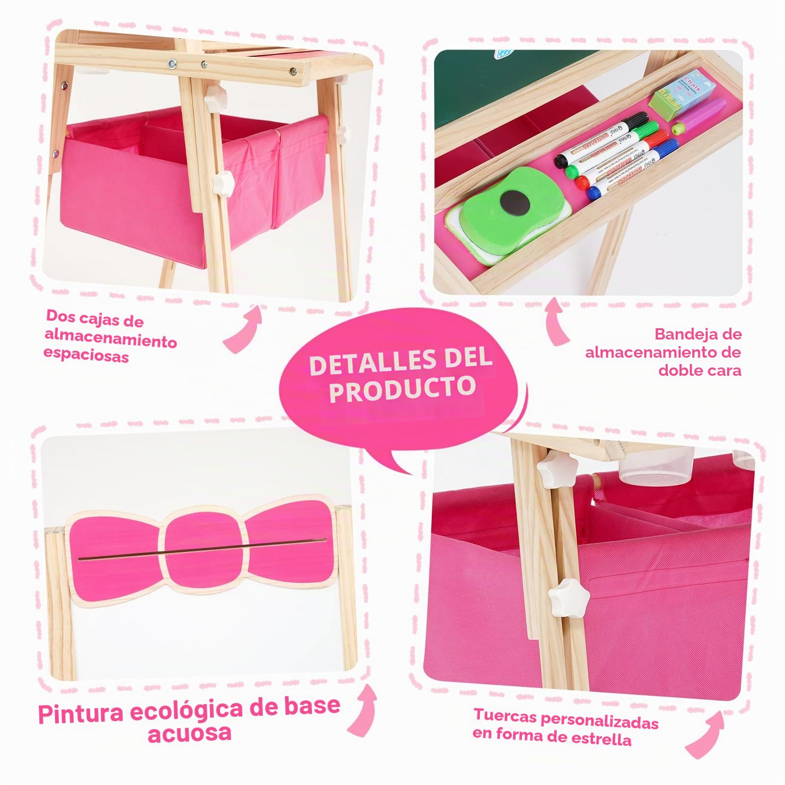 Caballete de Pintura Para niños de Madera,para Niños a Partir de 3 Años.Pizarra Infantil de Altura Regulable con Rollo de Papel,Pizarra,Pizarra Blanca,Set de Pintura y Bolsa de Almacenamiento.Rosa