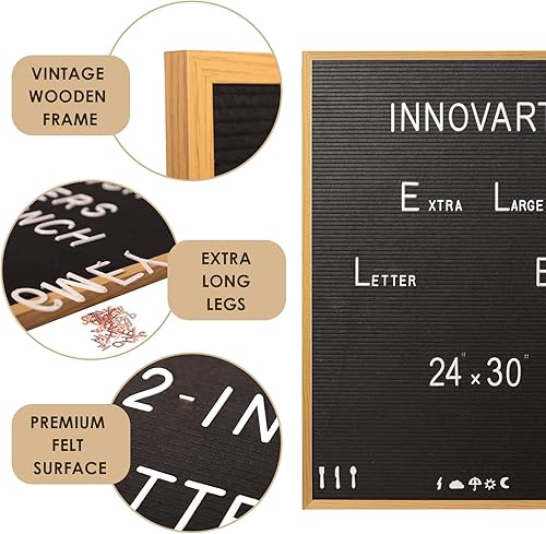 Miniatura 4 de INNOVART Tablero de letras extra grande de 24 x 30 pulgadas, tablero de letras de fieltro negro con marco de roble macizo, tablero de menú con