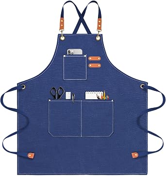 OUNLEN Chef Apron for Men Women Canvas Aprons with 3 Pockets Cross Back Resistant Work Apron for Cooking