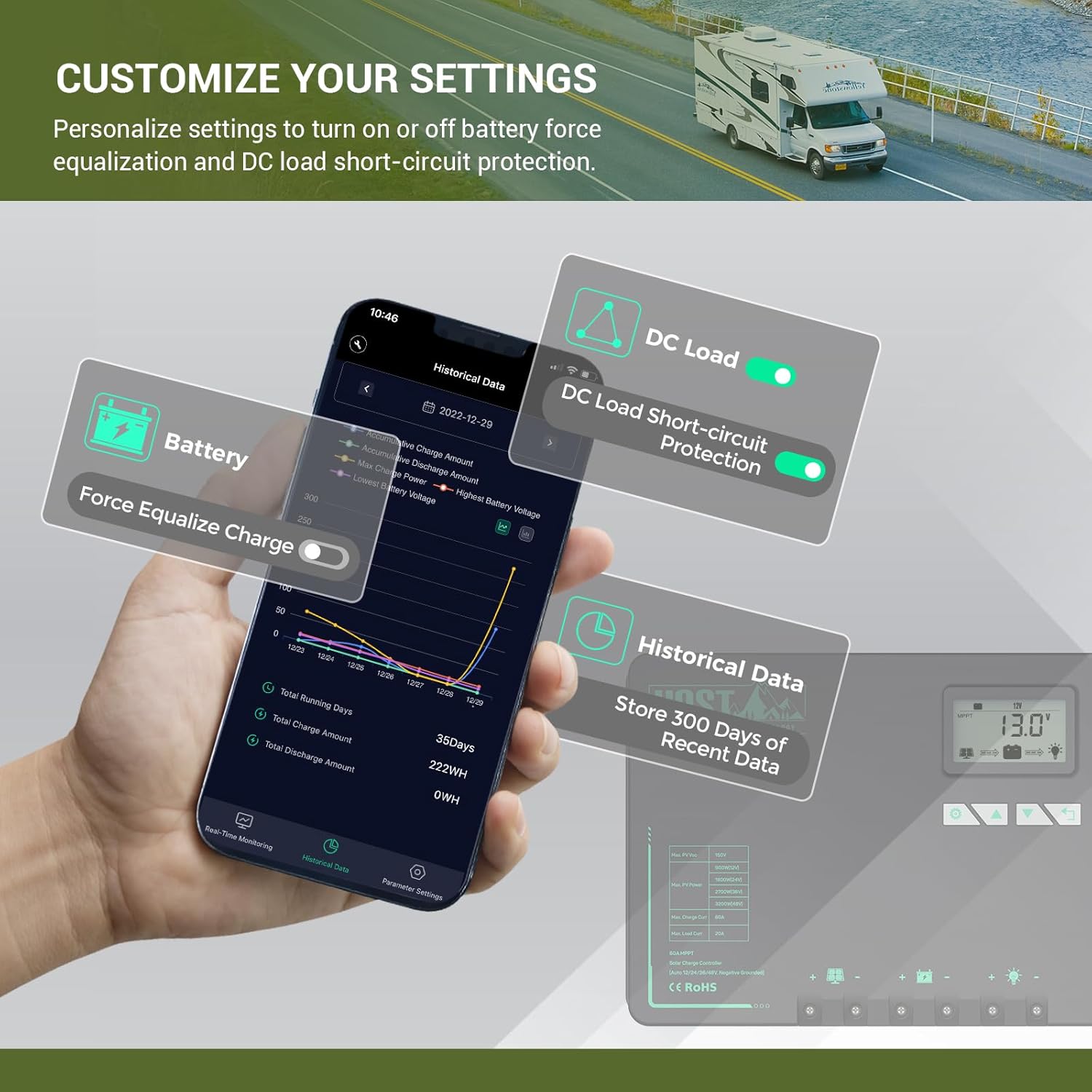 Close-up of HQST 60 Amp MPPT Solar Charge Controller LCD screen and control buttons
