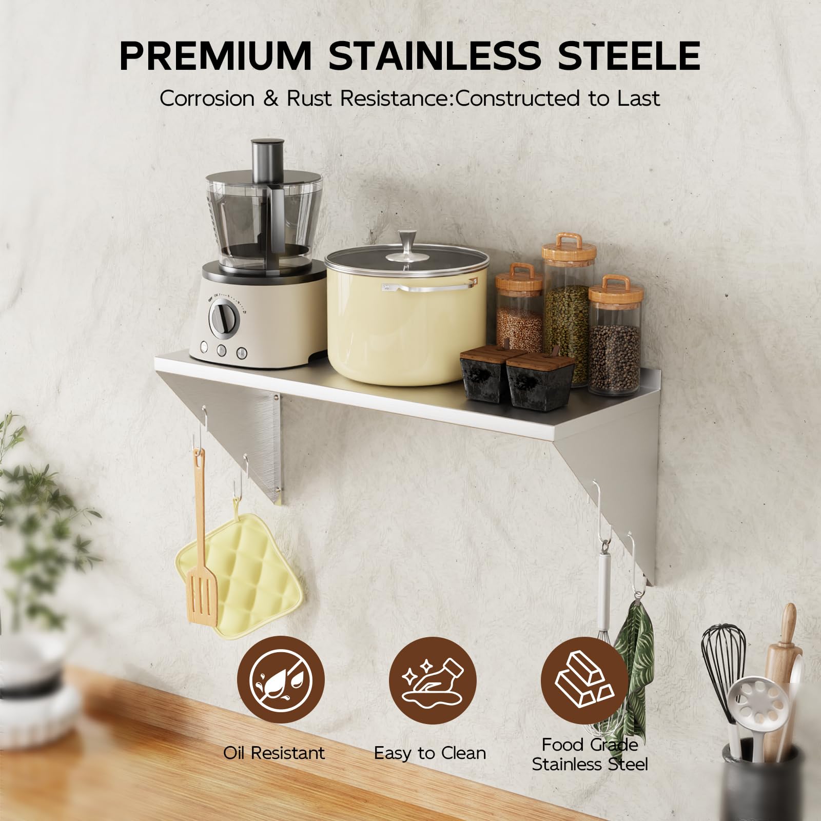 TAIMIKO Estantería de Pared de Acero Inoxidable con Barra de Ganchos,Estante de Pared con Soporte Triangular Almacenamiento de Cocina, para Gastro Libros Portarretratos Plantas Oficina Baño Cocina