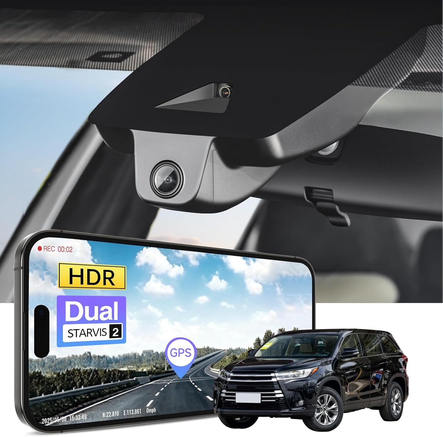 Front 4K HDR Dash Cam STARVIS 2 IMX678, Custom Fit for Toyota Highlander & Hybrid Gen3 UX50 2017-2019 (Model B), LE Limited L XLE etc, 5GHz WiFi, GPS, 64GB Card