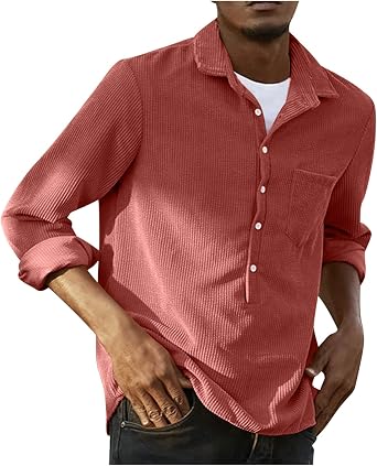 Long Sleeve Tee Shirts for Men 2023 Casual Loose Corduroy Solid Button Down T Shirt Pockets Fashion Work Tees