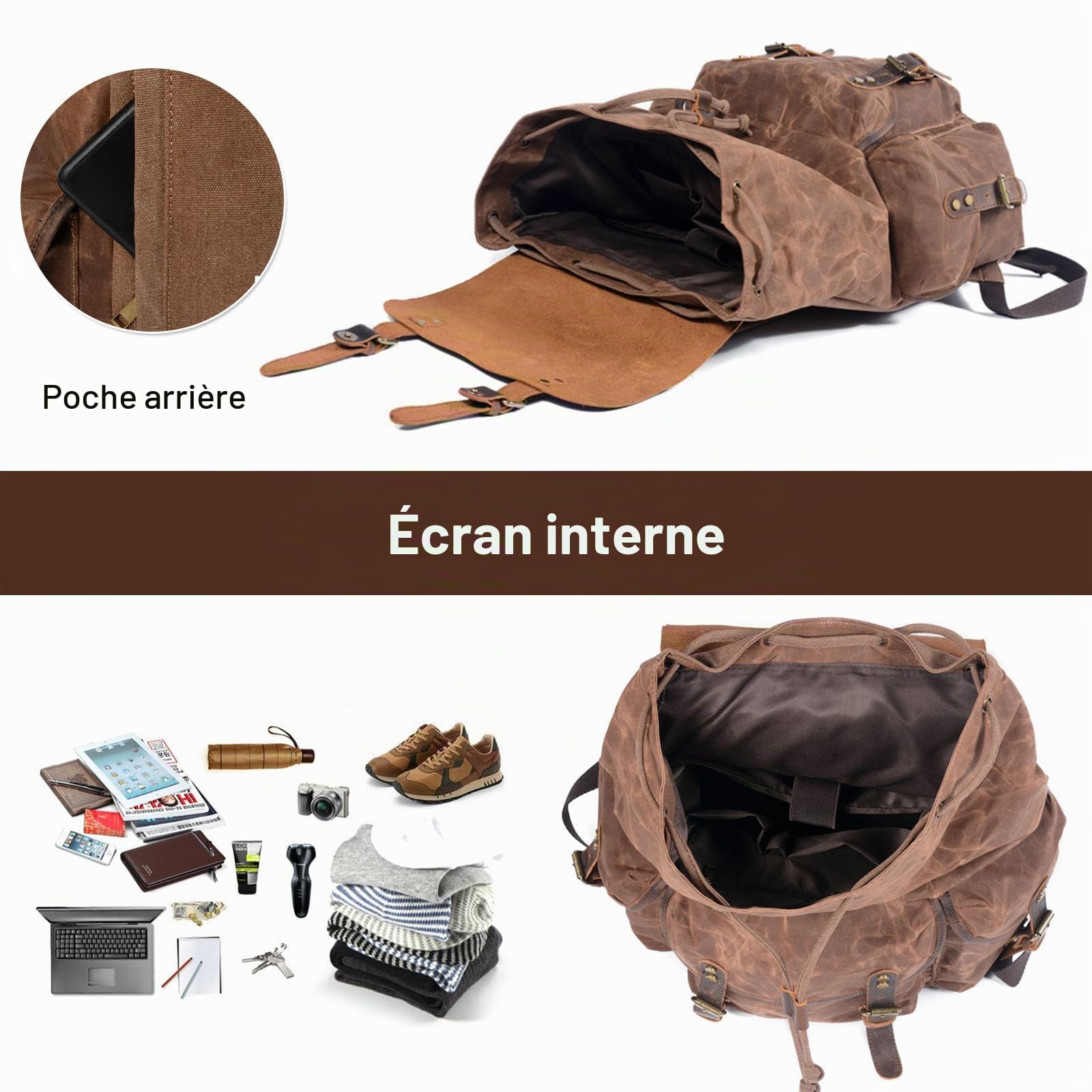 FANDARE Toile Sac à Dos de Randonnée Sac à Cordon Sac de Trekking Sac à Dos Grande Capacité Multifonction Sac d'épaule Daypacks pour Alpinisme Escalade Trekking Sport Voyage Camping Brun
