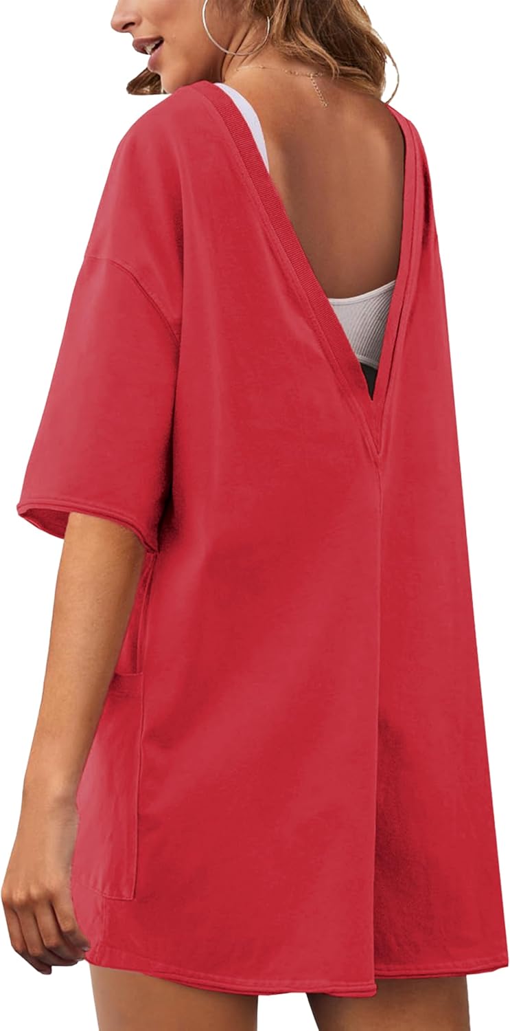 Yeokou Rompers for Women Casual Short Sleeve Oversized Athletic Workout Reversible Hot Shot Tee Romper Deep Pockets