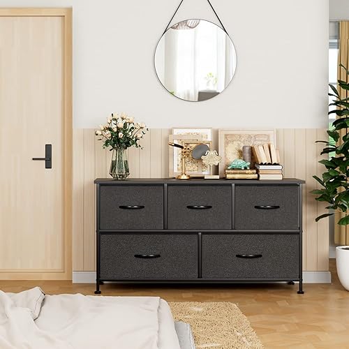 Miniatura 4 de JUMMICO Cómoda de tela para dormitorio, cómoda alta y ancha con 5 cajones, torre de almacenamiento con cubos de tela, caja de tela de tocador, marco