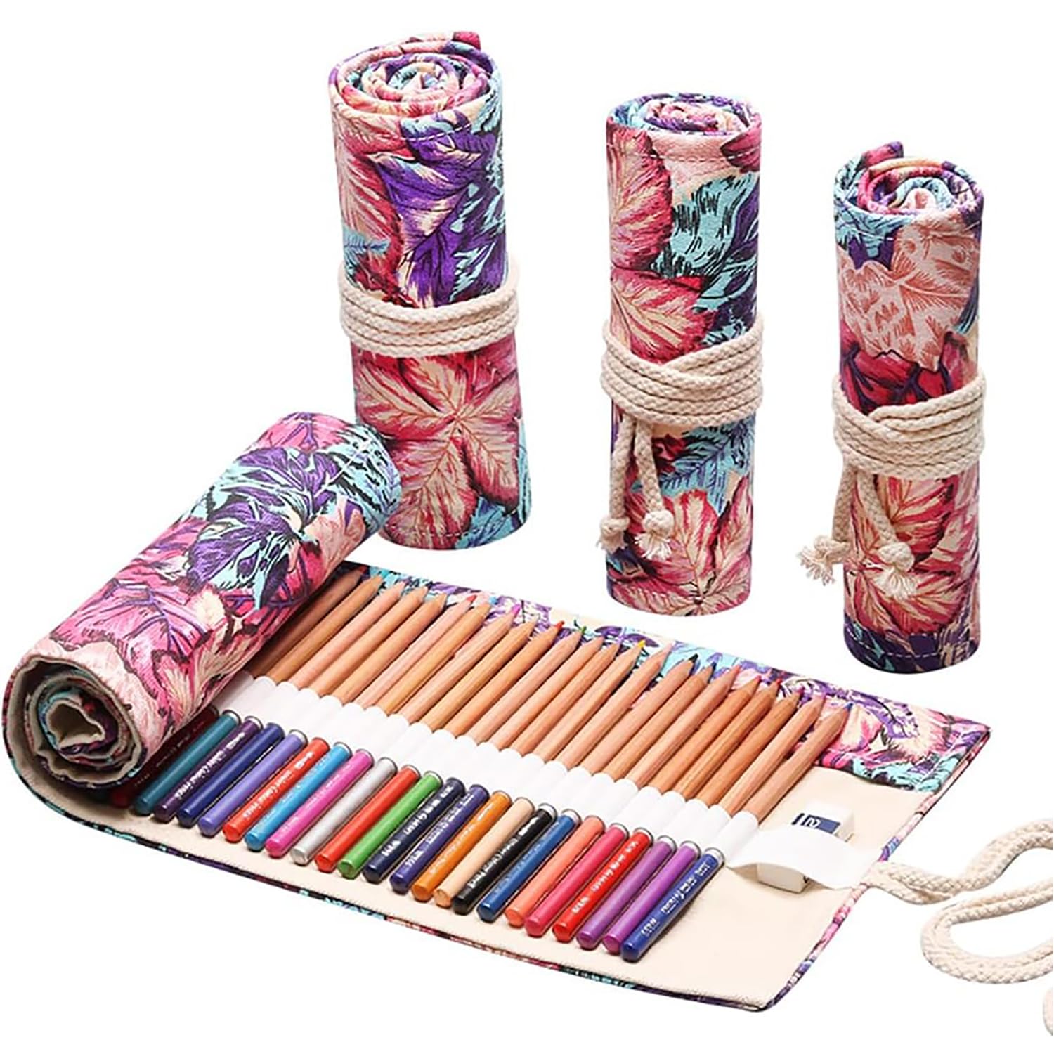 DIYOMR 12/24/36/72 Slots Pencil Wrap Pencil Rolls, Artist Colored Pencils Roll Up Bag Short Brushes Pouch Case Pencils Organizer for Drawing Coloring and Sketching (Maple Leaves, 12slots)