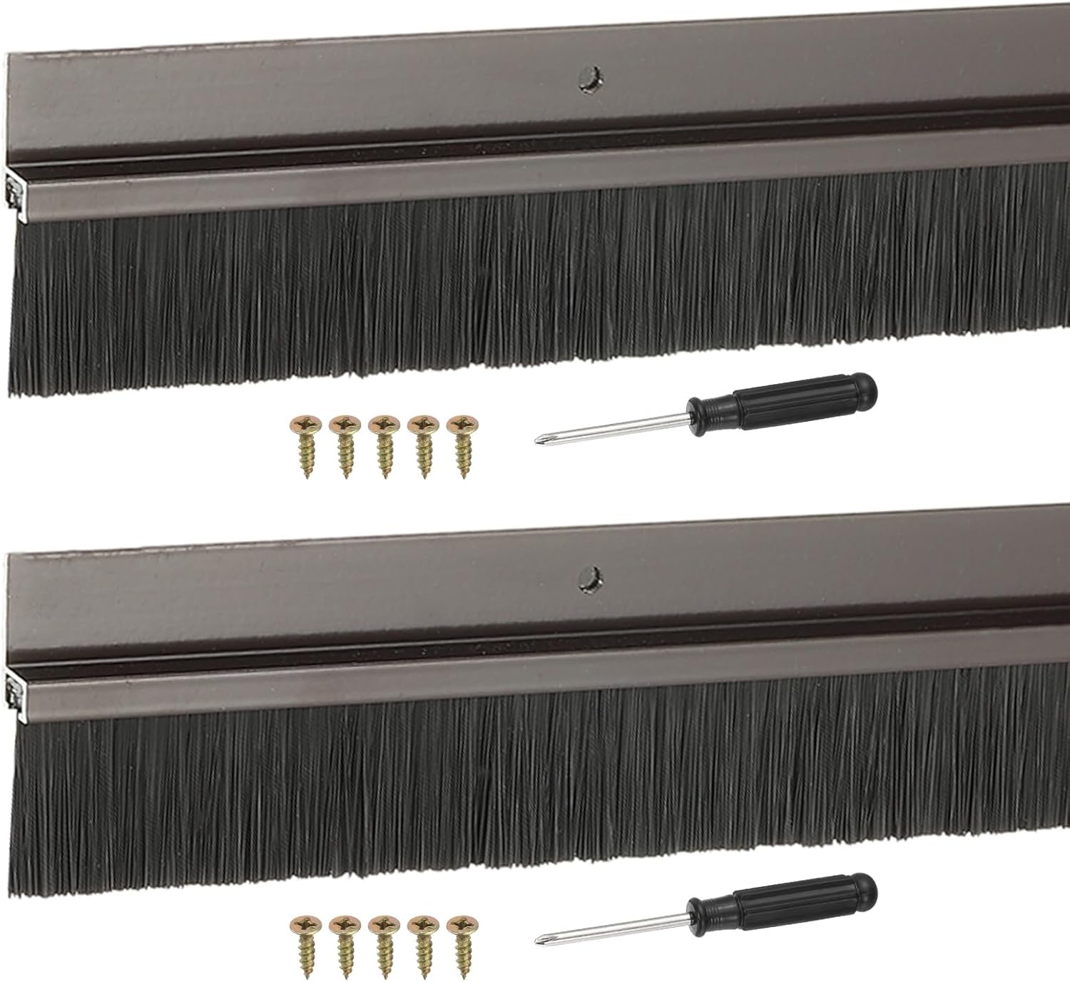 Door Sweep Aluminum Alloy Brush Sweeps, 3.1 Inch Black PP Brush 39"L x 4.1"W Fit for Gaps of Door Bottom - H-Shape Holder (2 Pcs, Brown)