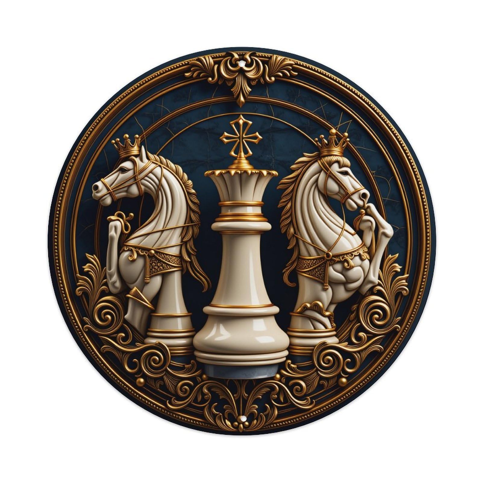 Chess Knight King Ornate Round Tin Sign Vintage Style Metal Sign Home Bar Garden Wall Plaque Decor Metal Poster 8x8 Inch