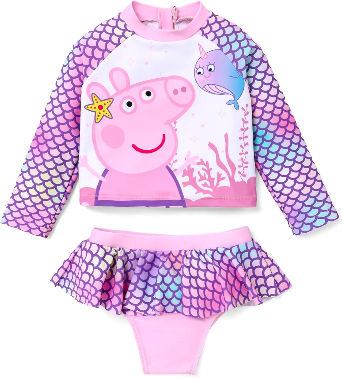 Peppa Pig Toddler Girls Swimsuit 2 Pieces Ruffle Hem Bathing Suit Long Sleeves Swimwear Size 2-6 Years