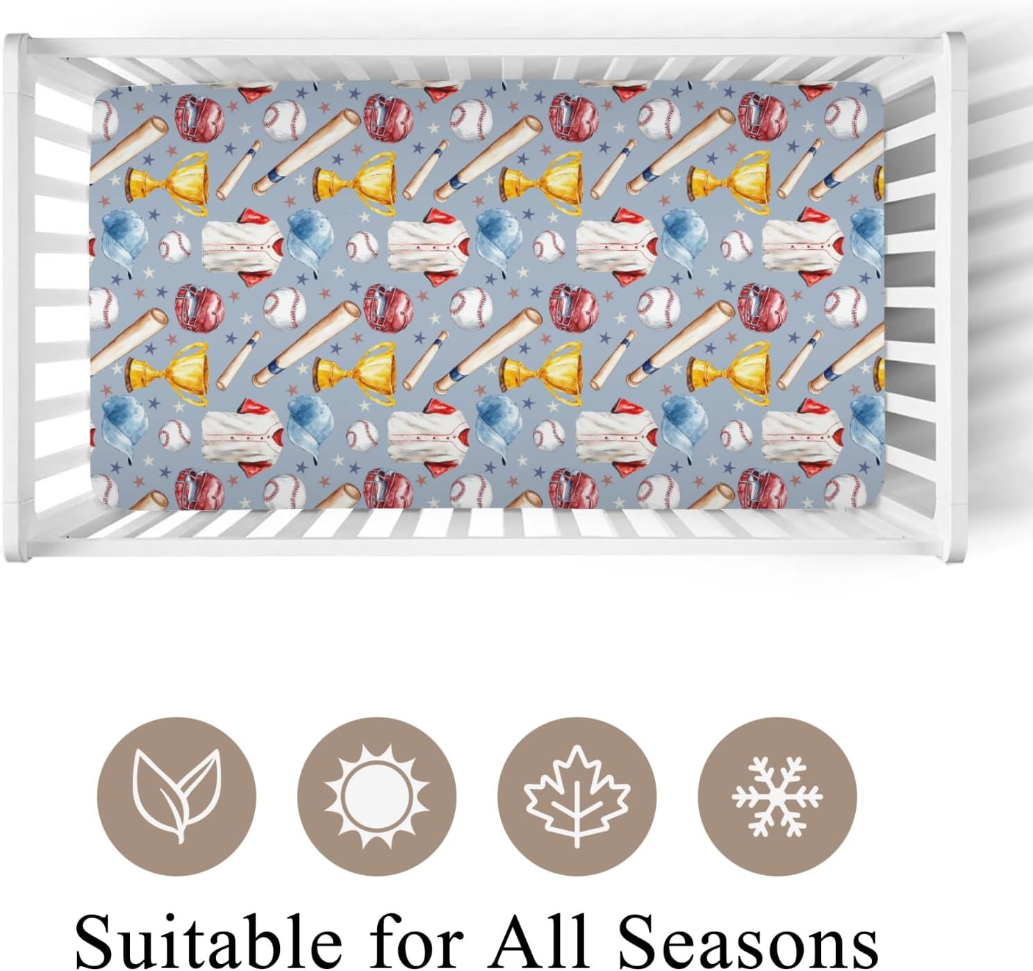 Cute American Baseball Hat Helmets Trophy Baby Crib Sheets for Boy Girl 52x28Inch Breathable Patriotic Sports Baby Sheet for Standard Crib and Toddler Outdoor Sport Lover Gift Mattress