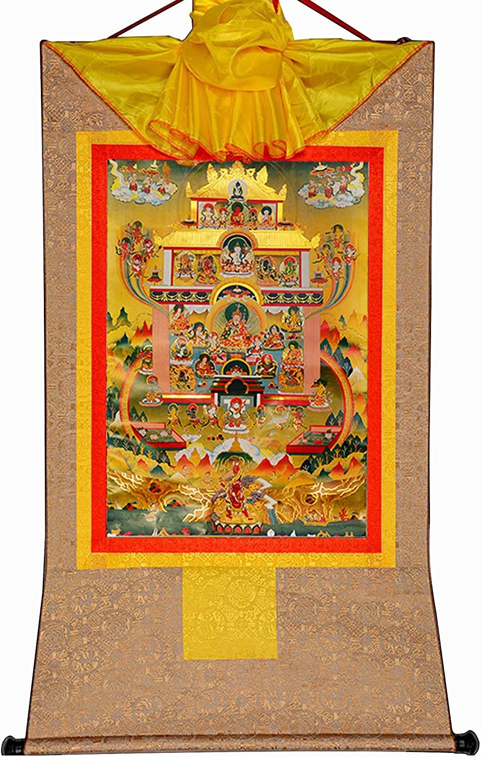 VHKJewE Guru Rinpoche in Pure Land,Elysium of Padmasambhava, Buddhist Thangka Brocade(Beige,Medium(62cm*47cm))