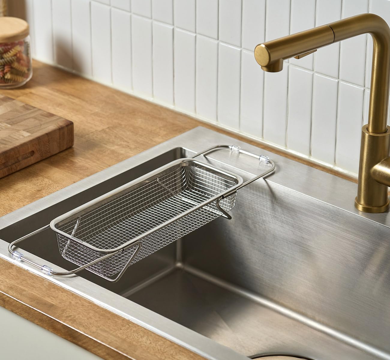 WAGENSTEIGER Extendable Dish Rack with Feet, Vegetable Colander Basket, Stainless Steel Dish or Silverware Drying Rack, Ultimate Kitchen Organizer Over the Sink (12.40 x 5.12 x 2.36 Inches)