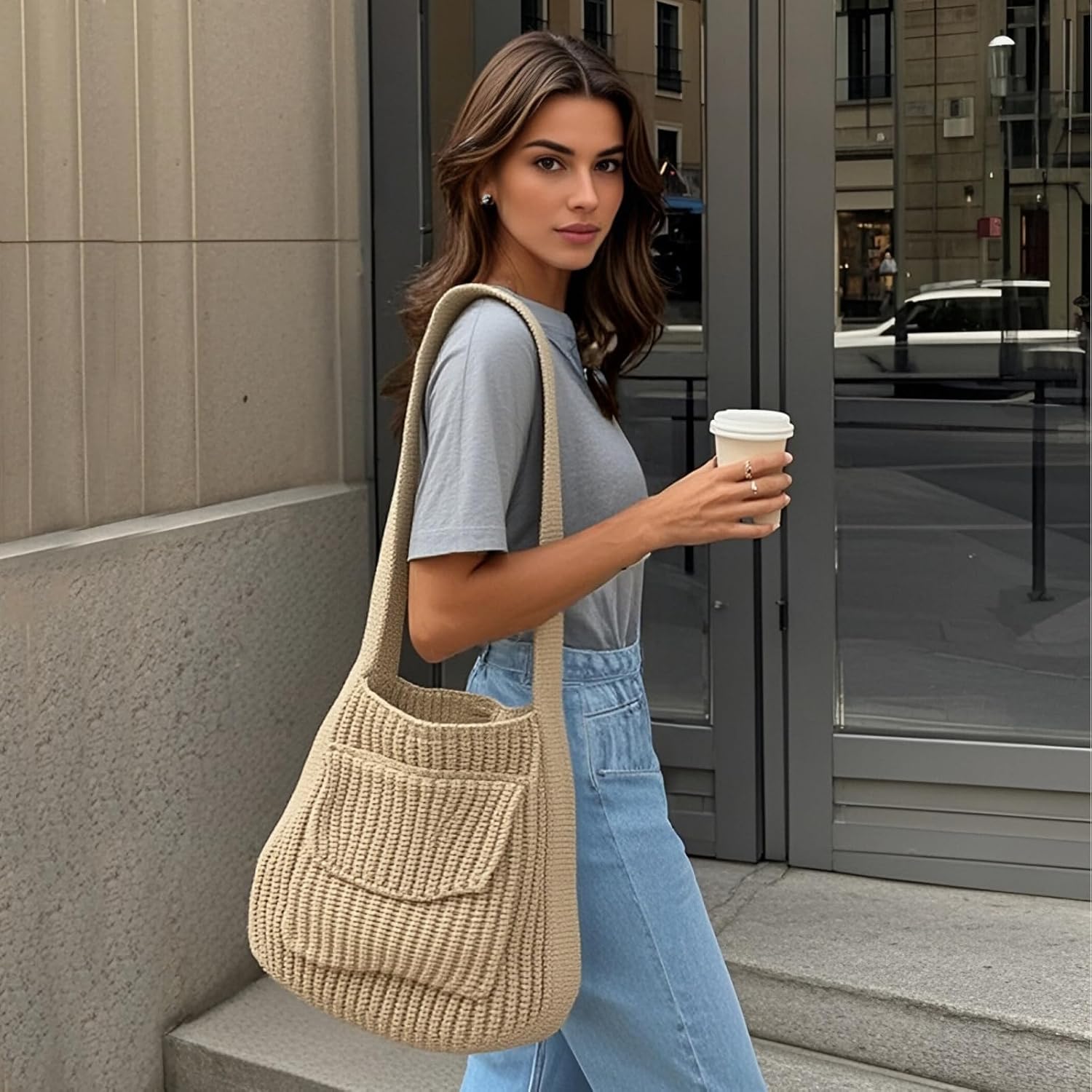 ENBEI Women's Crochet Tote Bag Knit Shoulder bag, Beach Bag, Cute Eco-Friendly Handmade Tote for Shopping, Travel, Daily Use