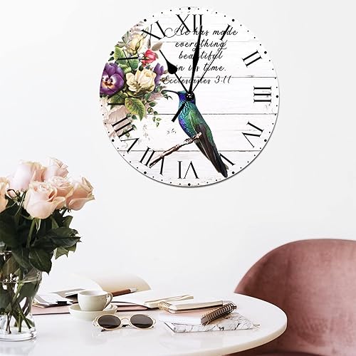 Miniatura 31 de ArogGeld He Made Everything Beautiful - Reloj de pared de PVC con flores rosadas, colibrí, reloj de pared grande con cita y números romanos, reloj