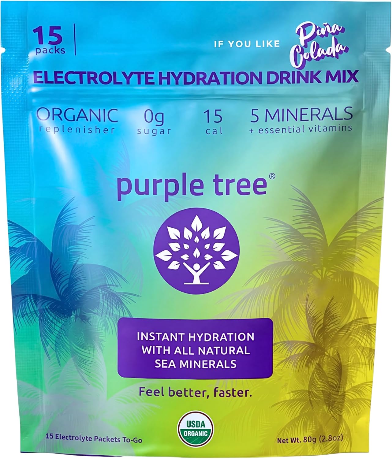 Purple Tree Organic Electrolyte Hydration Packets – Pina Colada Flavor, Sugar-Free Liquid Hydration Sticks for Rapid Rehydration, Daily Electrolyte Drink Mix for Dehydration Relief, 15 To-Go Packs