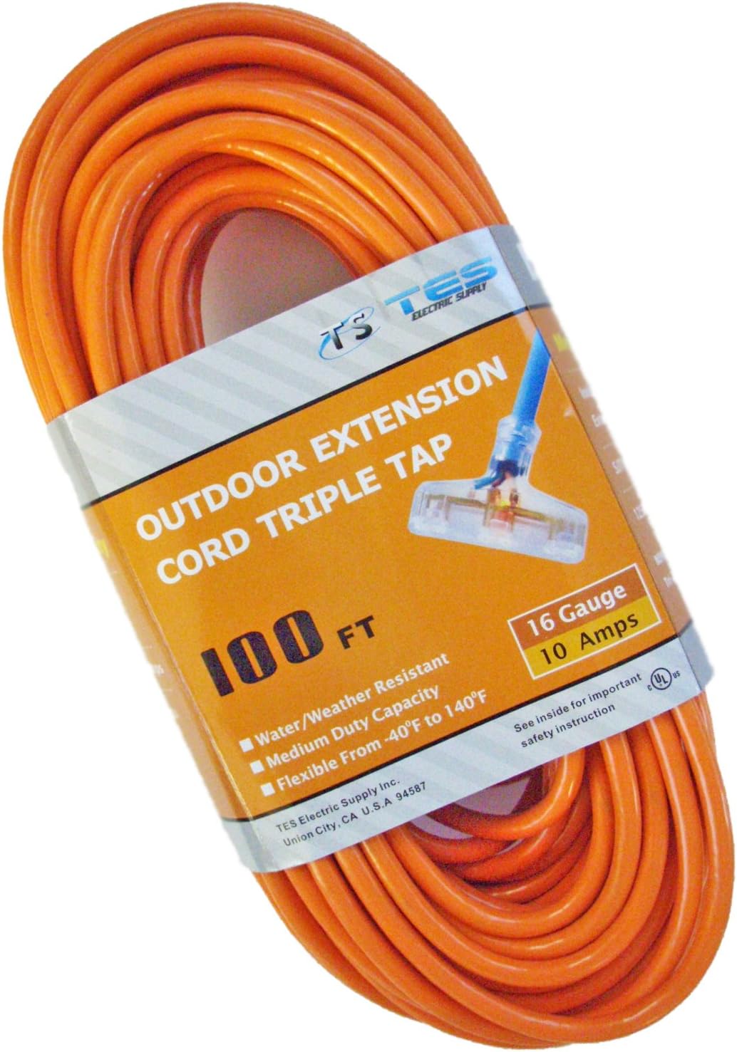 16 Gauge 100 Ft. 16/3 Triple Tap SJTW Medium Duty Extension Cord with Lighted Plug